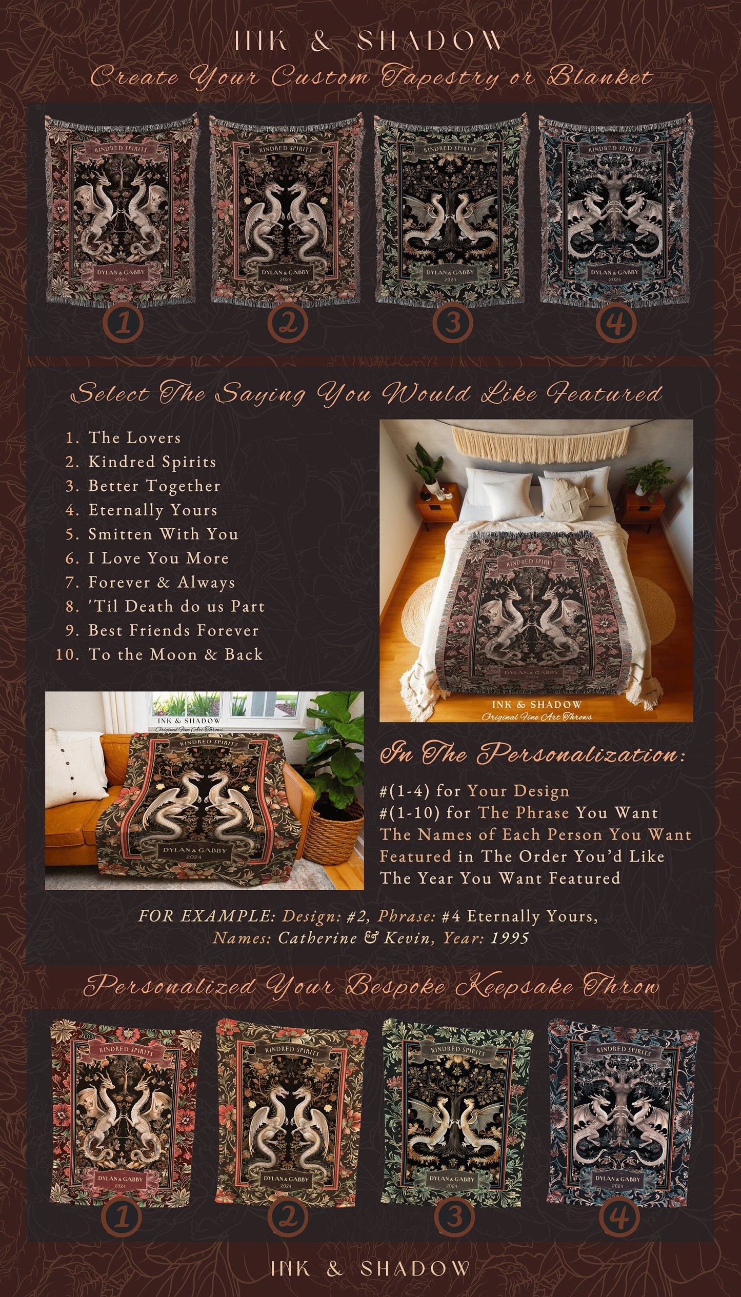 Gothic Dragon Couple Custom Tapestry Blanket | Personalized Names Dragon Lover Gift for Wedding Anniversary Gift for Husband Magical Decor |