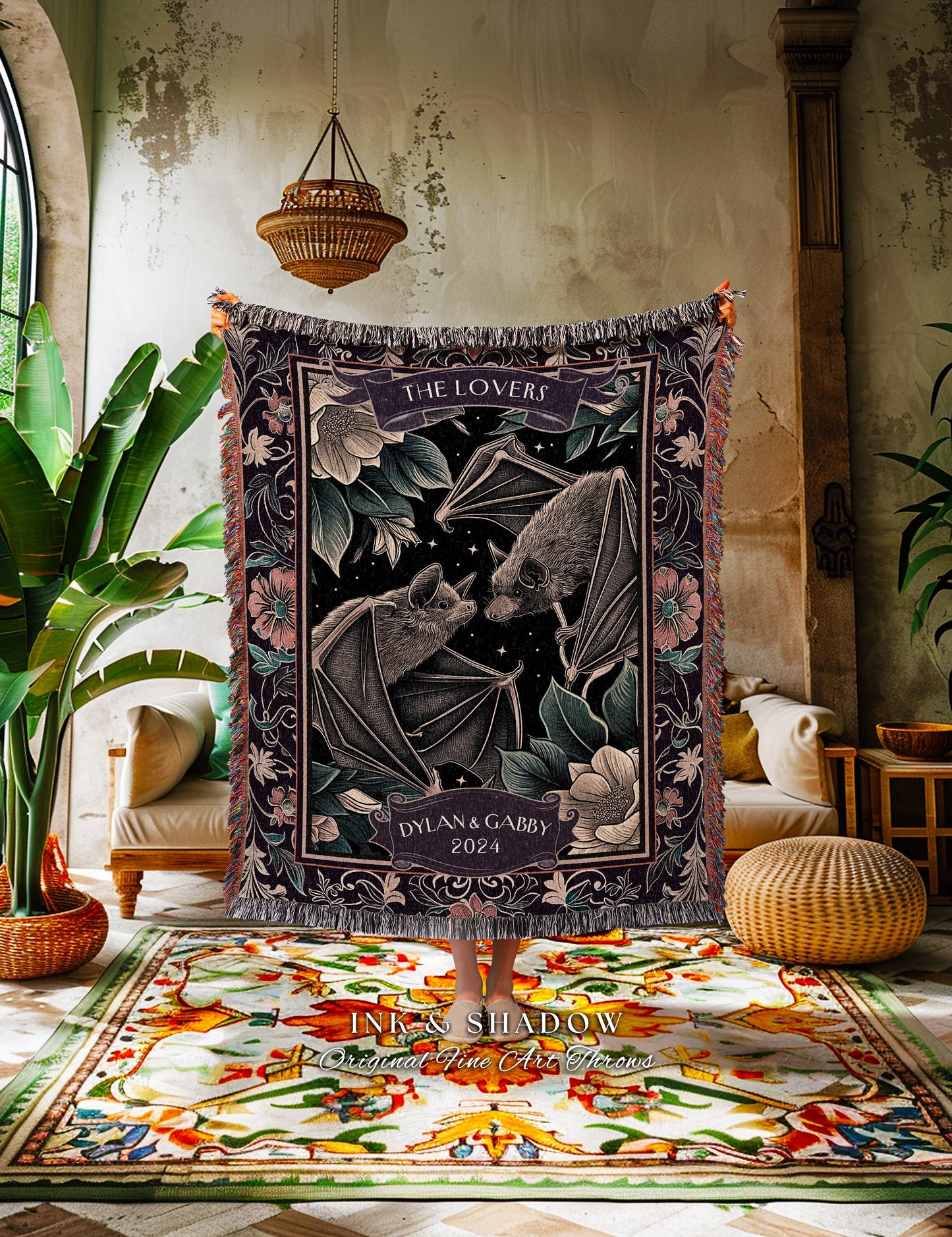Mystic Bat Personalized Names Woven Throw Blanket Dark Cottagecore Gothic Couple Wedding Custom 'The Lovers' Blanket Gift for Anniversary