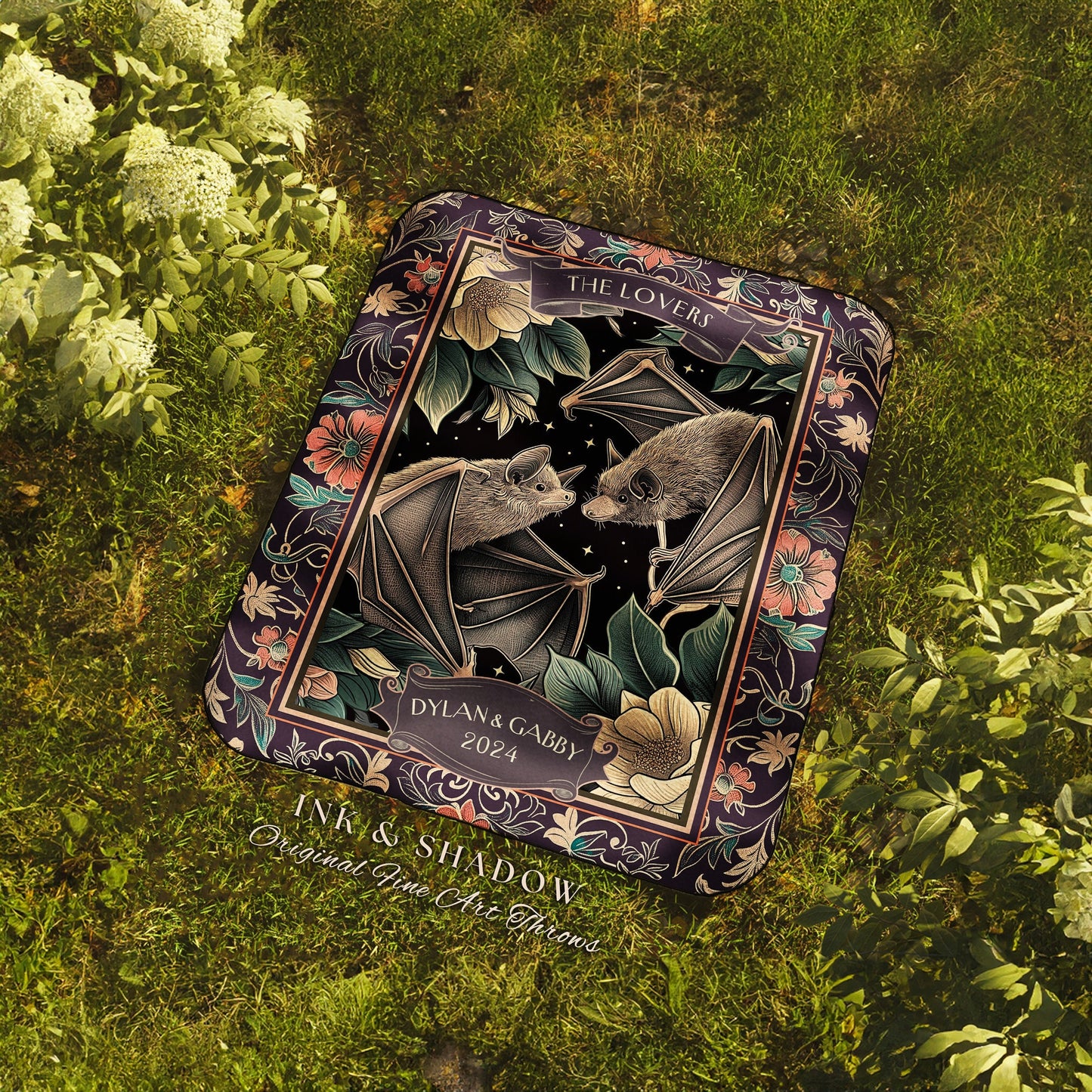 Mystic Bat Personalized Names Woven Throw Blanket Dark Cottagecore Gothic Couple Wedding Custom 'The Lovers' Blanket Gift for Anniversary