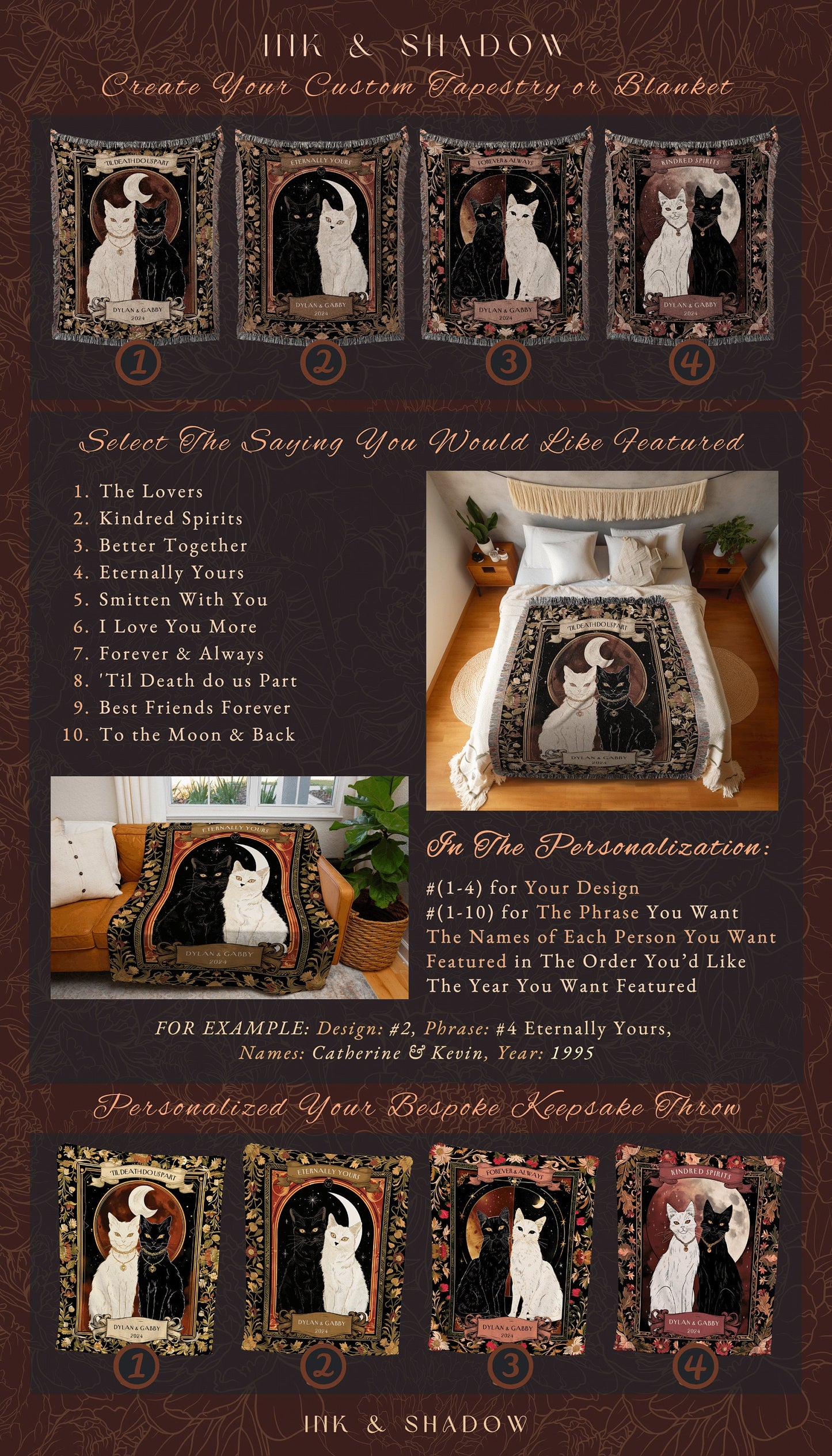 Mystic Cat Couple Woven Blanket Witchy Cottagecore Aesthetic Tapestry Throw Custom Mr & Mrs Gift for Cat Lover Personalized Anniversary Gift