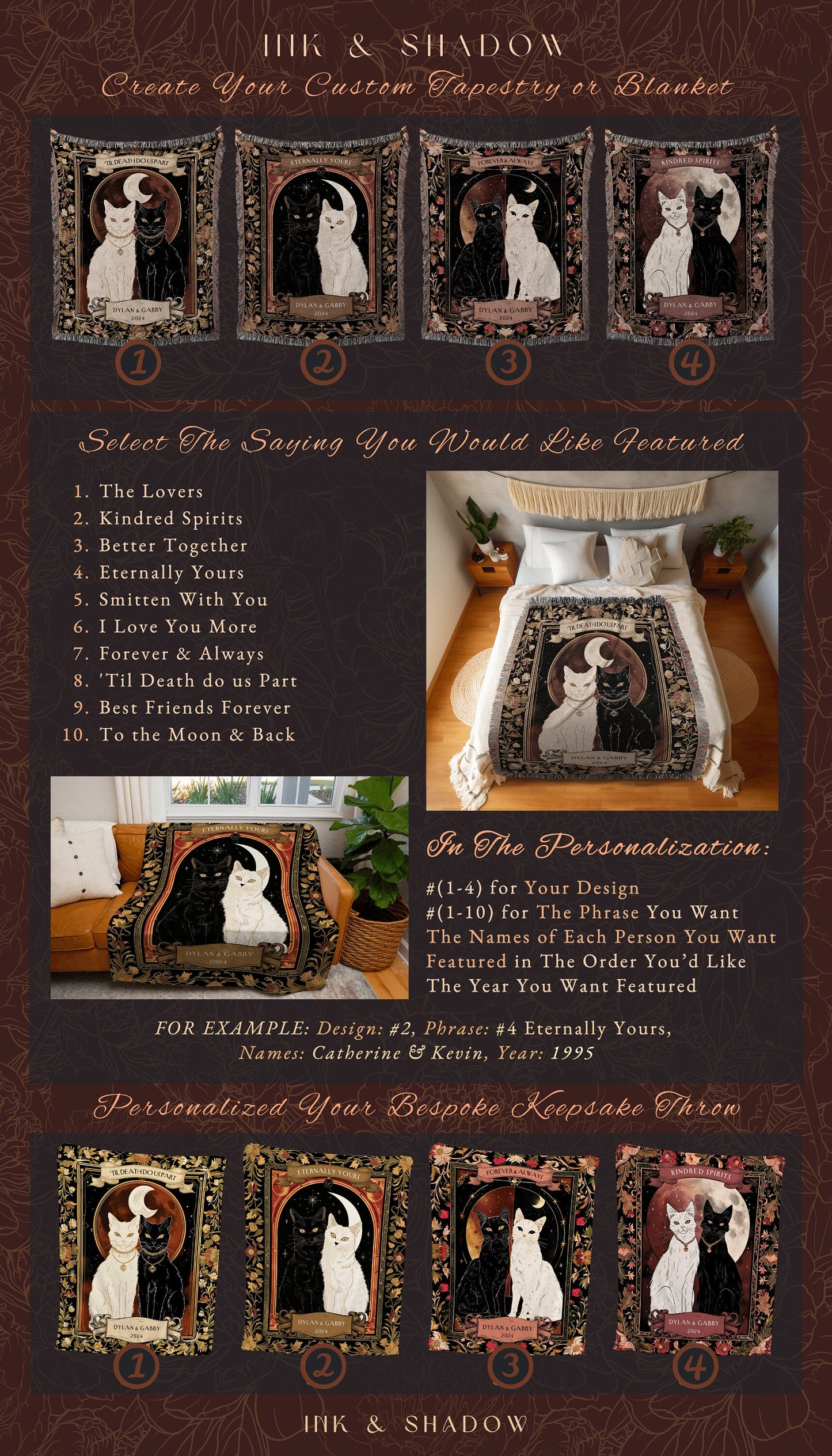 Mystic Cat Couple Woven Blanket | Witchy Aesthetic Woven Throw Custom Mr & Mrs Gift for Cat Lover Personalized Dark Academia Style Ethereal