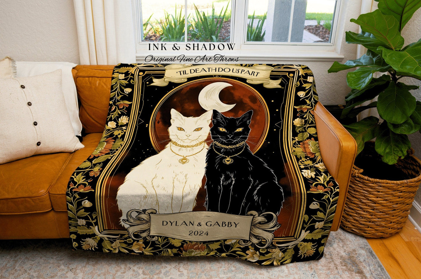 Mystic Cat Couple Woven Blanket | Witchy Aesthetic Woven Throw Custom Mr & Mrs Gift for Cat Lover Personalized Dark Academia Style Ethereal
