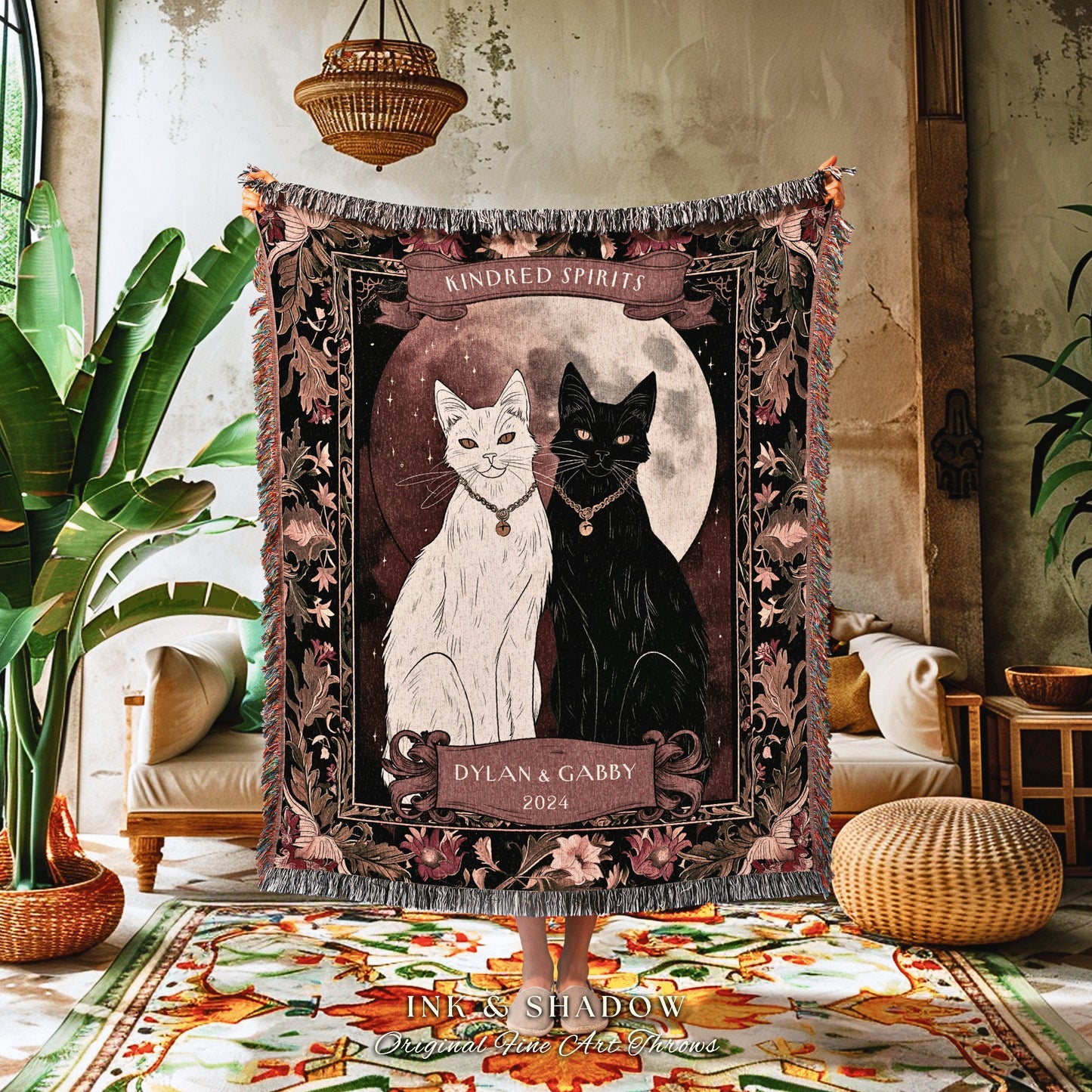Mystic Cat Couple Woven Blanket Witchy Cottagecore Aesthetic Tapestry Throw Custom Mr & Mrs Gift for Cat Lover Personalized Anniversary Gift