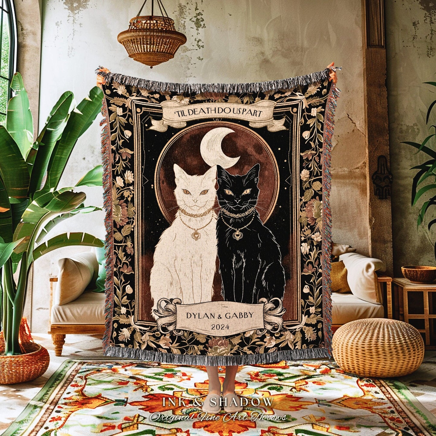 Mystic Cat Couple Woven Blanket | Witchy Aesthetic Woven Throw Custom Mr & Mrs Gift for Cat Lover Personalized Dark Academia Style Ethereal