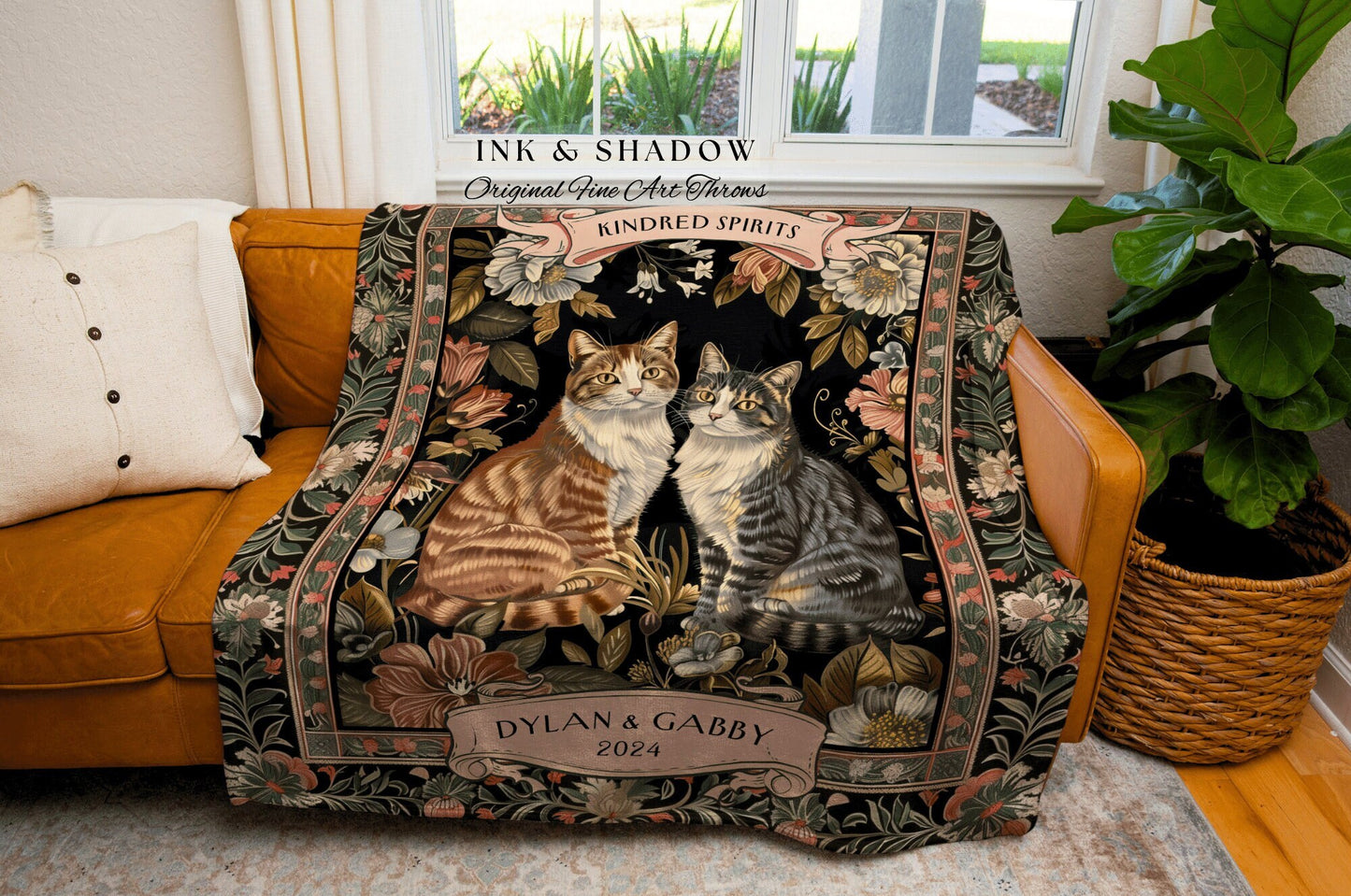 Kindred Spirits Cat Friends Blanket | Witchy Aesthetic Woven Throw Custom BFF Gift for Cat Lover Personalized Dark Academia Gothic Style |