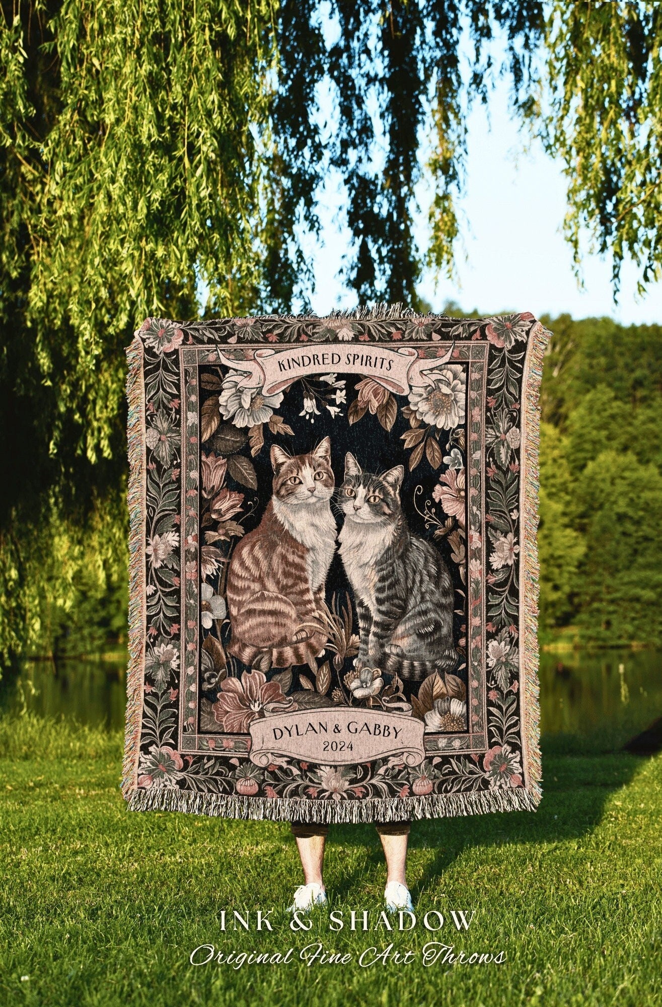 Kindred Spirits Cat Friends Blanket | Witchy Aesthetic Woven Throw Custom BFF Gift for Cat Lover Personalized Dark Academia Gothic Style |