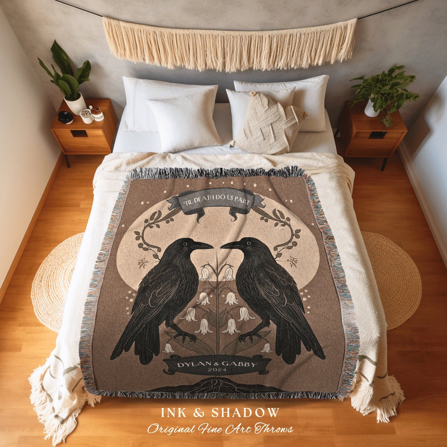 Mystic Crow Couple Custom Woven Blanket | Crow Core Couple Dark Academia Aesthetic Witchy Throw Custom Name Gift Tapestry Minimalist Decor |