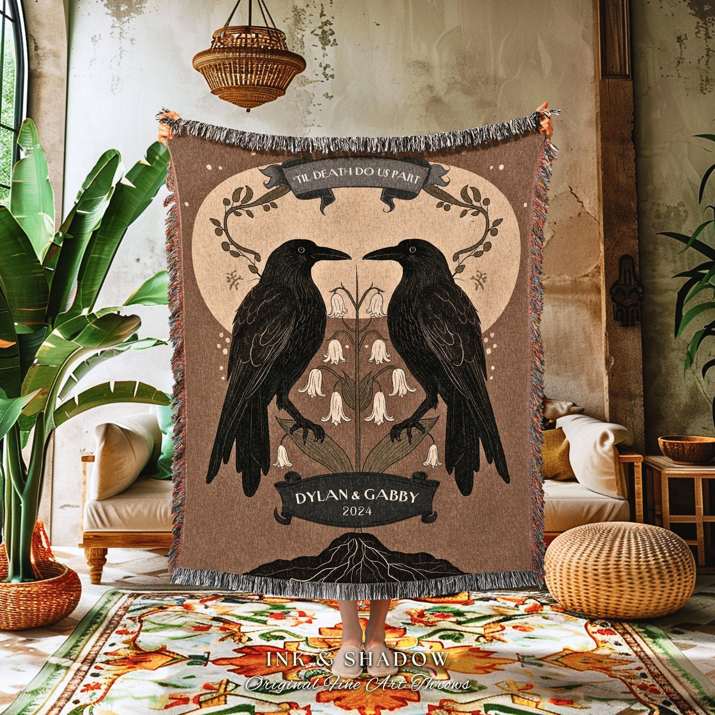 Mystic Crow Couple Custom Woven Blanket | Crow Core Couple Dark Academia Aesthetic Witchy Throw Custom Name Gift Tapestry Minimalist Decor |