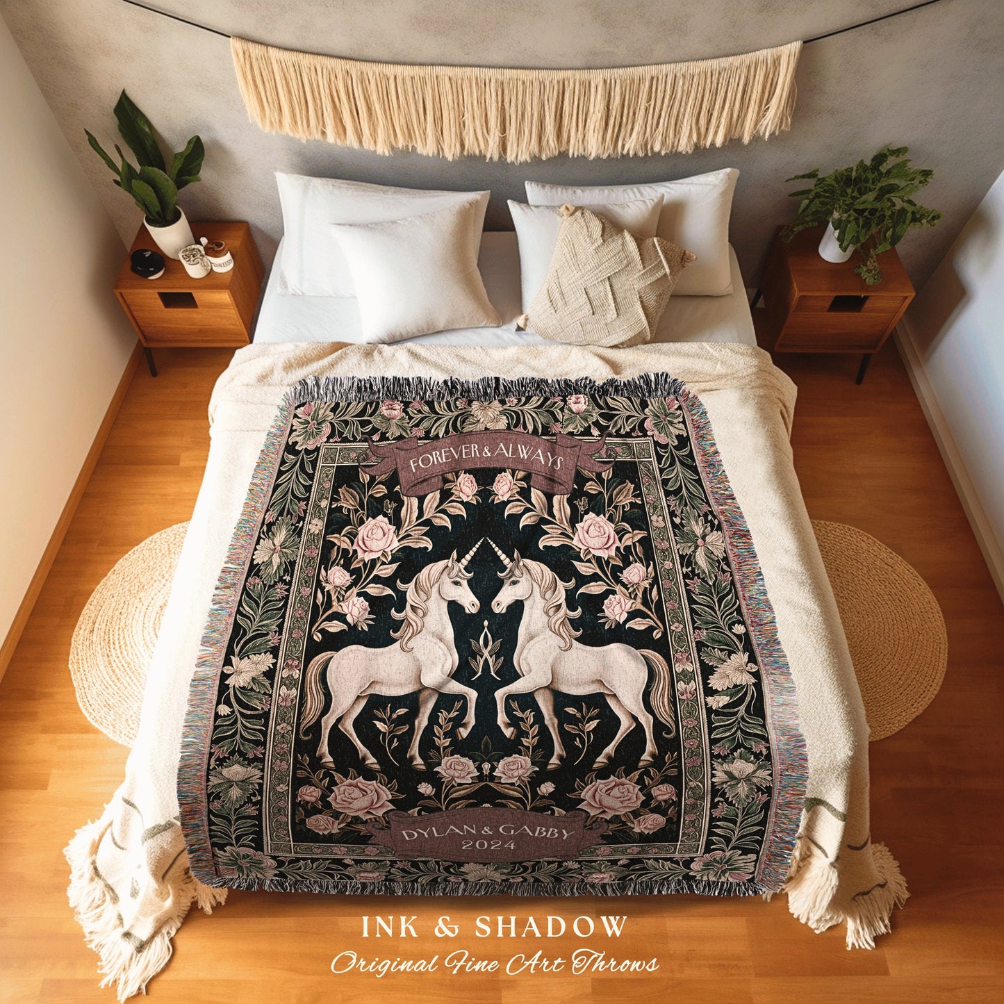 Pastel Pink Aesthetic Couple Blanket Custom | Fairytale Gothic Style Whimsical Gift for Girlfriend Personalized Boho Wedding Tapestry Floral