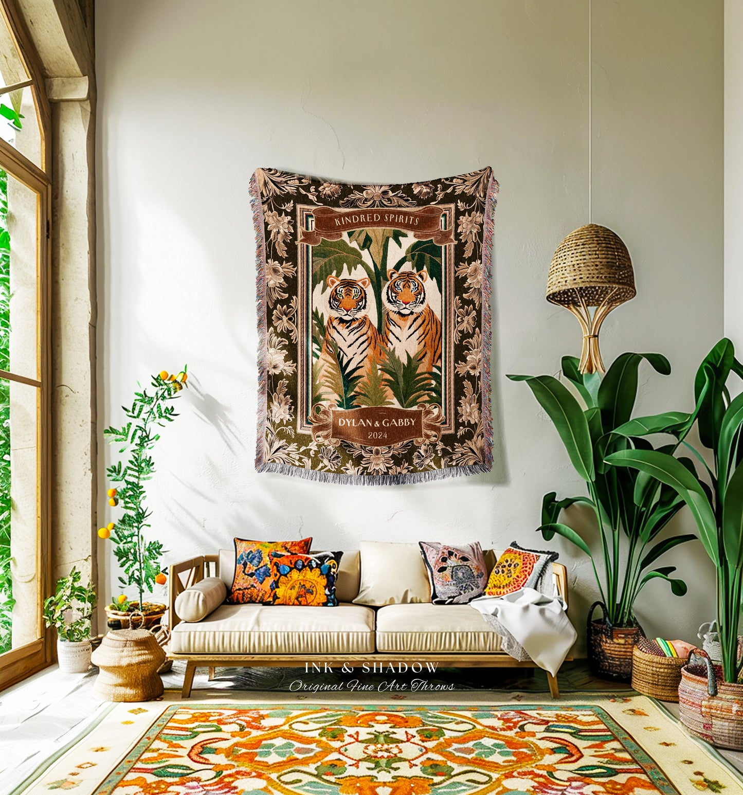 Jungle Aesthetic Tiger Lovers Blanket | Woven Cotton Wedding Anniversary Gift Throw Personalized His & Hers Names Custom Jungle Throw Cute |