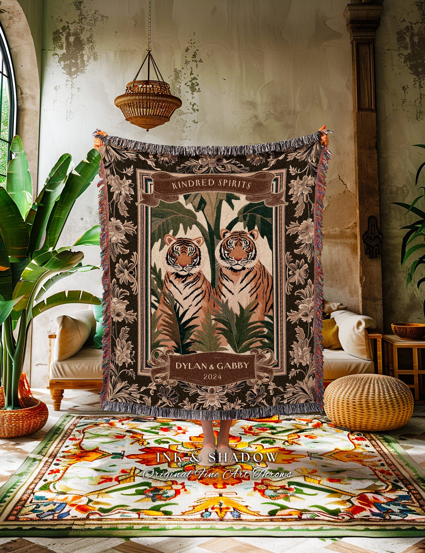 Jungle Aesthetic Tiger Lovers Blanket | Woven Cotton Wedding Anniversary Gift Throw Personalized His & Hers Names Custom Jungle Throw Cute |