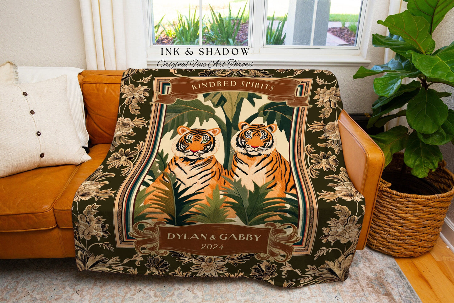 Jungle Aesthetic Tiger Lovers Blanket | Woven Cotton Wedding Anniversary Gift Throw Personalized His & Hers Names Custom Jungle Throw Cute |