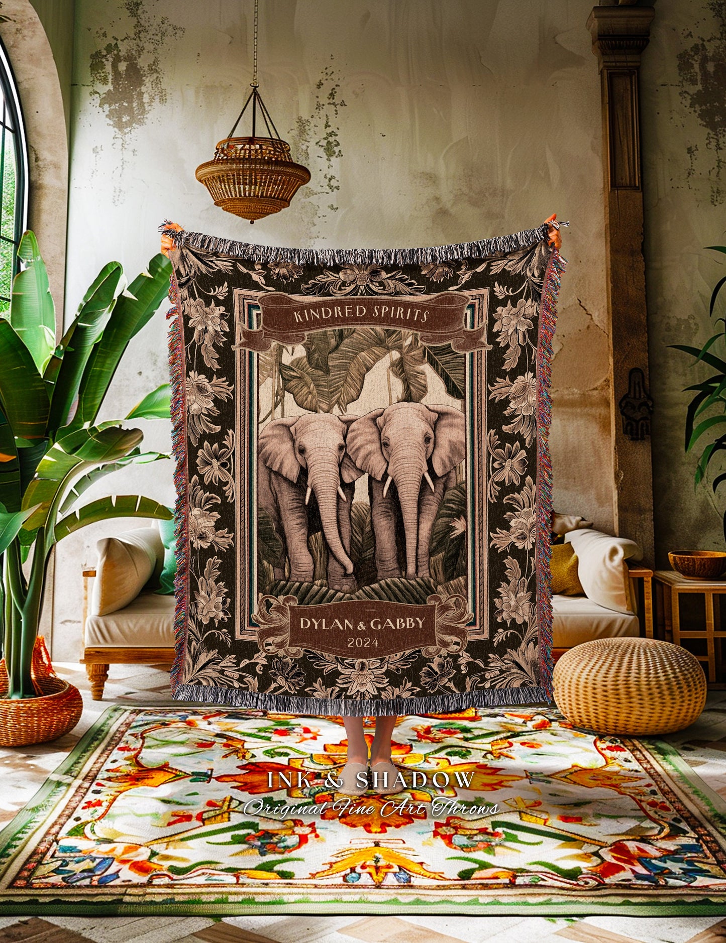 Kindred Spirits Best Friend Blanket | Botanical Woven Tapestry Jungle Throw Meaningful BFF Name Custom Bestie Gift Custom Rustic Jungle Cute