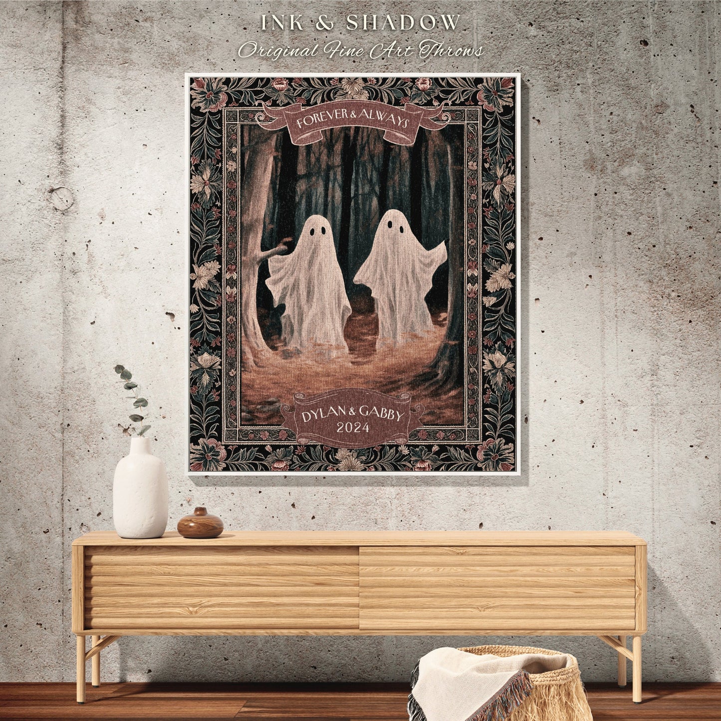 Ghosts in the Woodland Couples Blanket | Kindred Spirits Personalized Gothic Wedding Tapestry Woven Throw Whimsigoth Custom Gifts for Her |