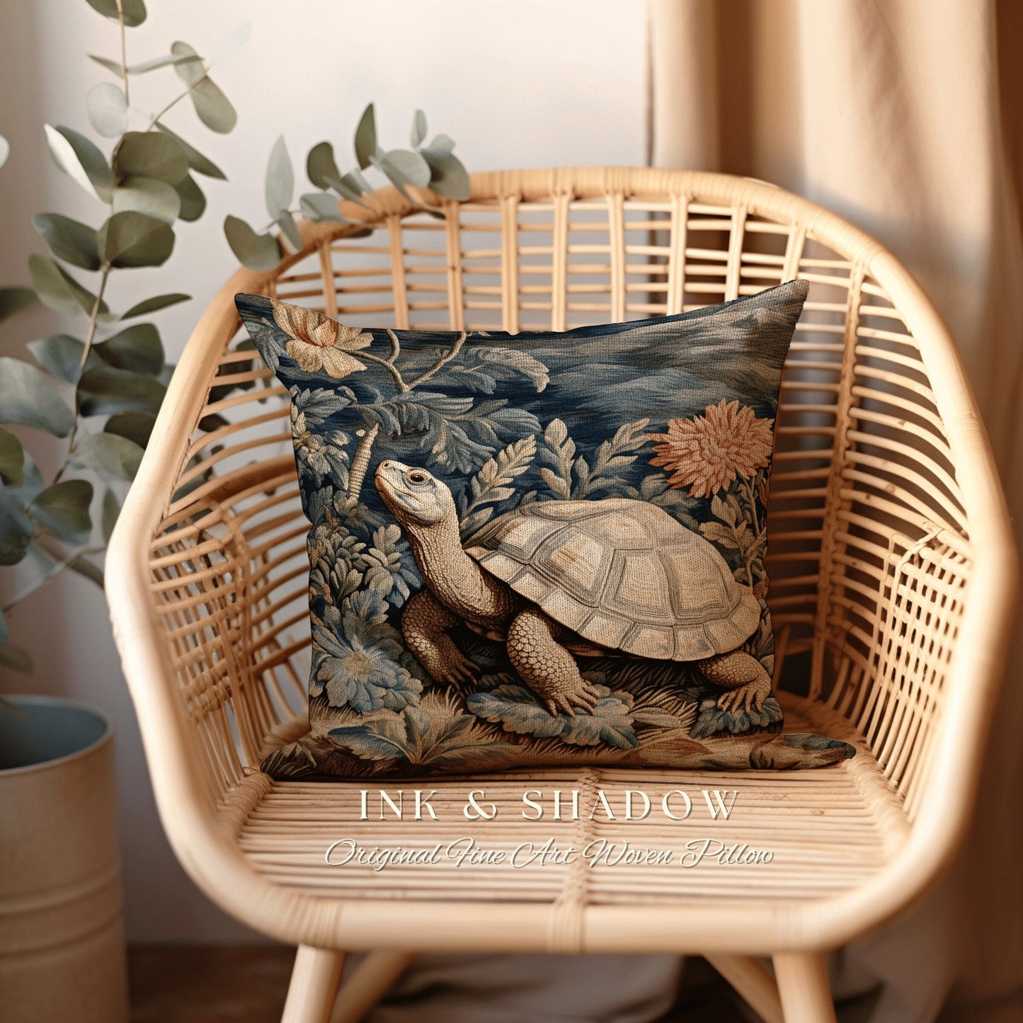 Moody Tortoise Pillow Fairycore Decor | Dark Botanical Pillow William Morris Inspired Boho Cottagecore Turtle Decor Vintage Aesthetic Pillow