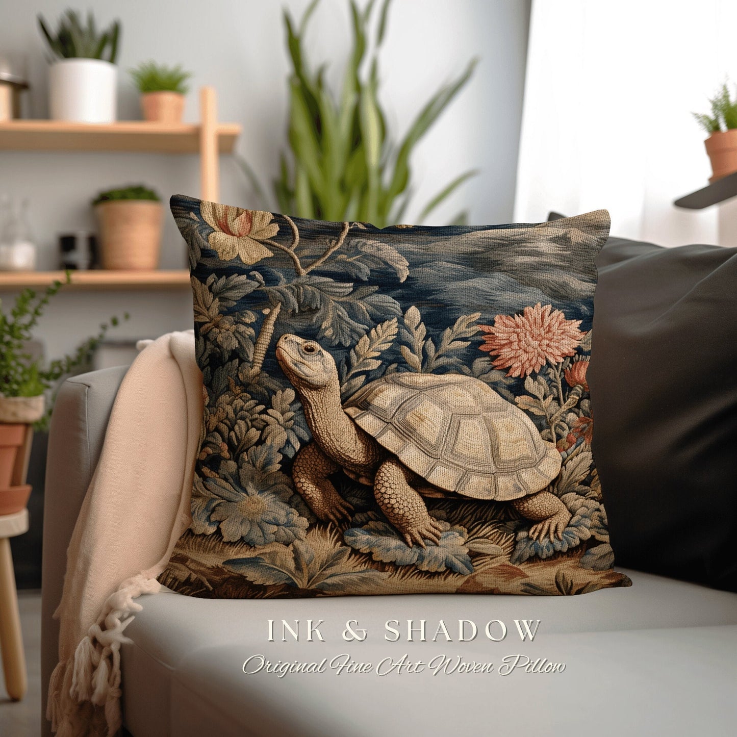 Moody Tortoise Pillow Fairycore Decor | Dark Botanical Pillow William Morris Inspired Boho Cottagecore Turtle Decor Vintage Aesthetic Pillow