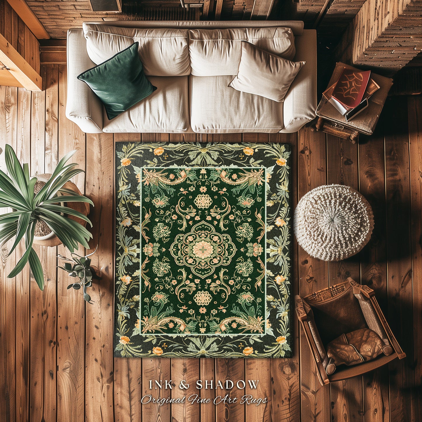 Emerald Round Accent Rug for Living Room | Classic Ornate Statement Rug with Green Detail Peachy Accent Bohemian Aesthetic Cozy Reading Nook