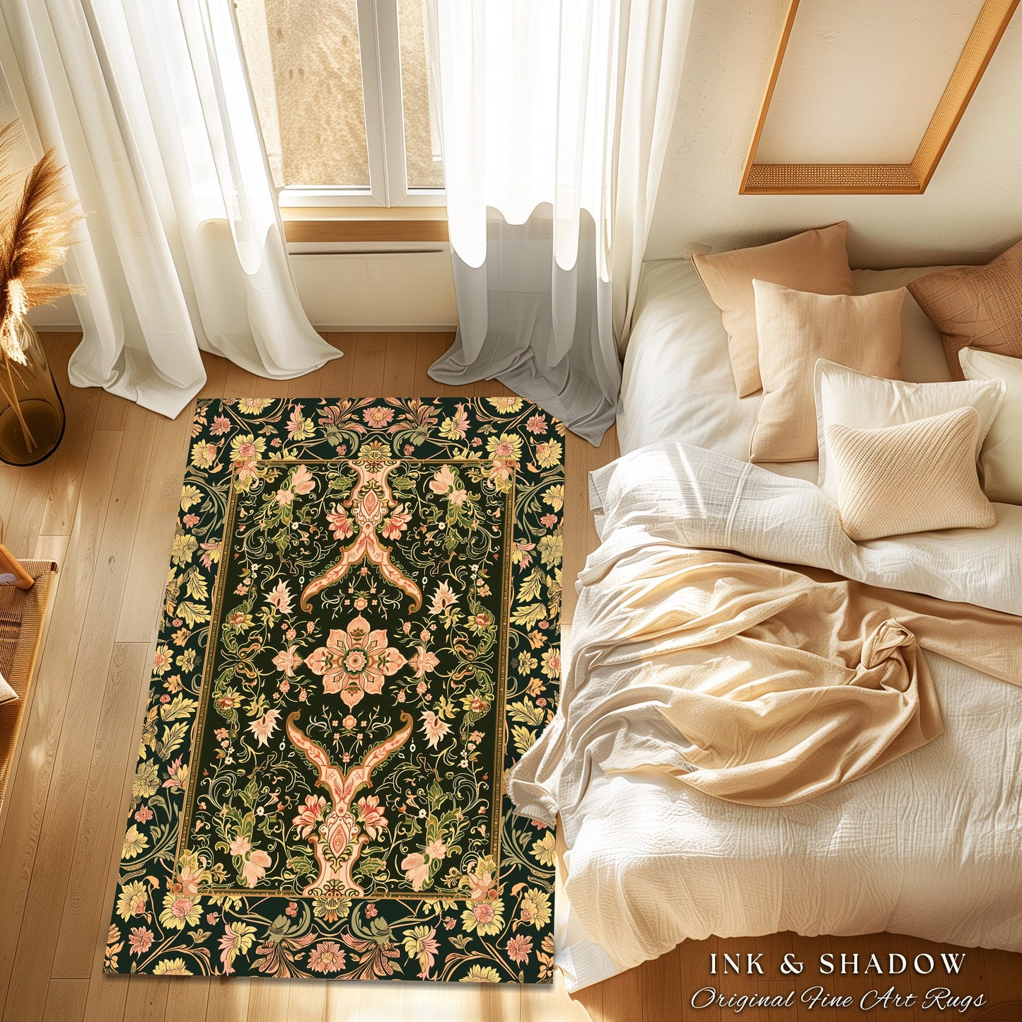 Baroque Elegance Ornate Round Accent Rug | Whimsical Bohemian Area Rug Classical Ornamental Style Victorian Floral Elegance Art Deco Bedroom