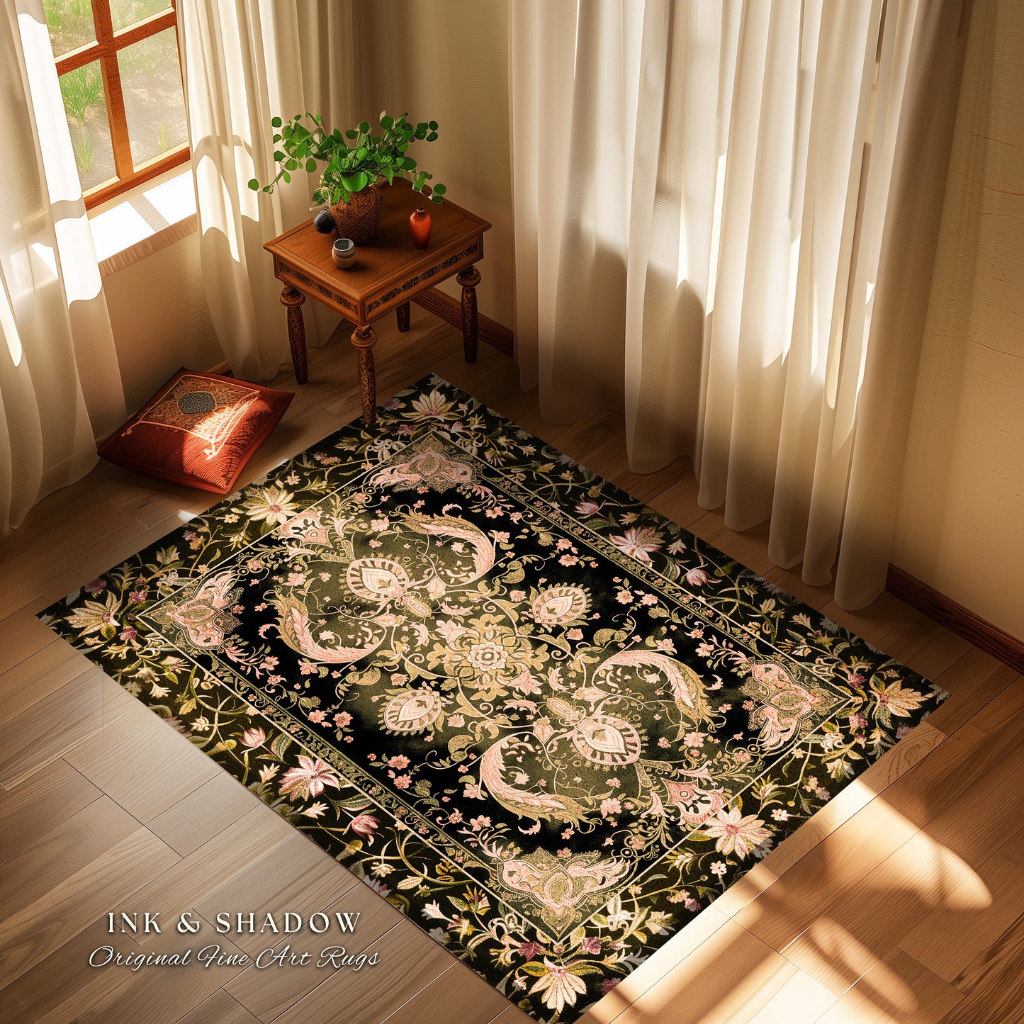 Modern Royal Aesthetic Area Rug | Ethereal Florals Pastel Whimsical Cottagecore Trendy Dark Academia Home Accent Rug Bohemian Retro Art Deco