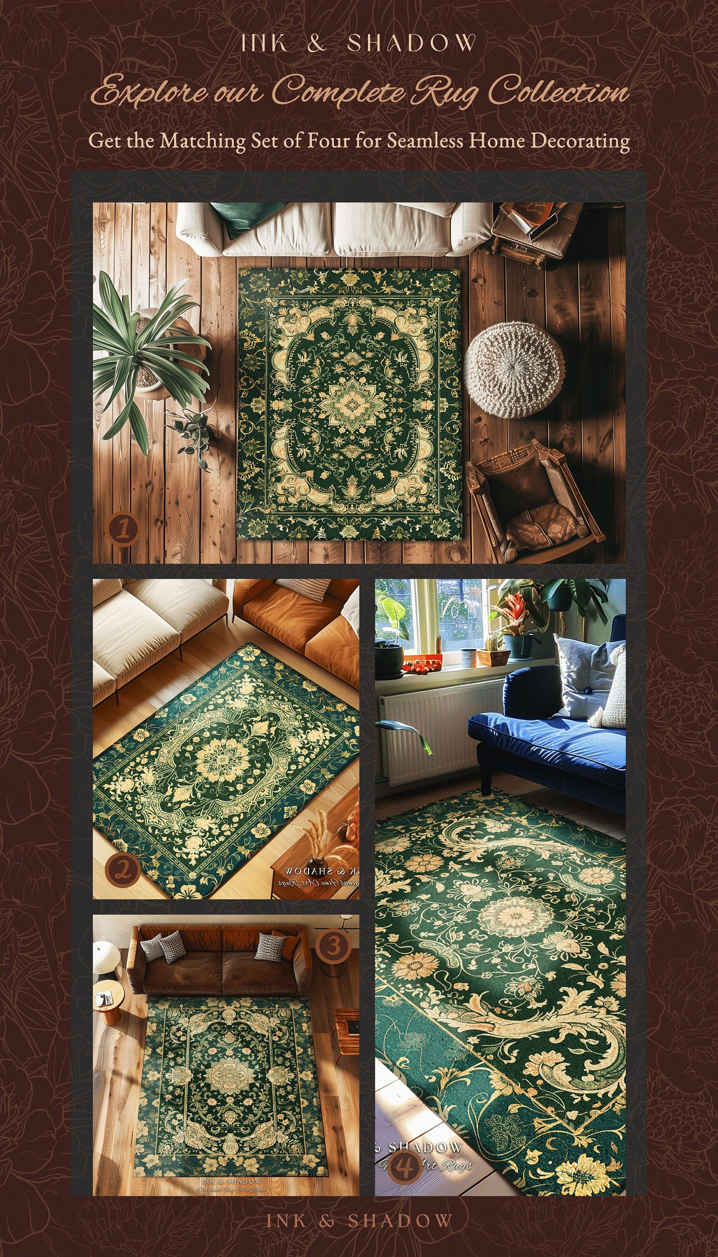 Bohemian Aesthetic Dark Green Area Rug | Baroque Emerald Green Victorian Home Accent Rug Floral Elegance Ornate Classical Ornamental Style |