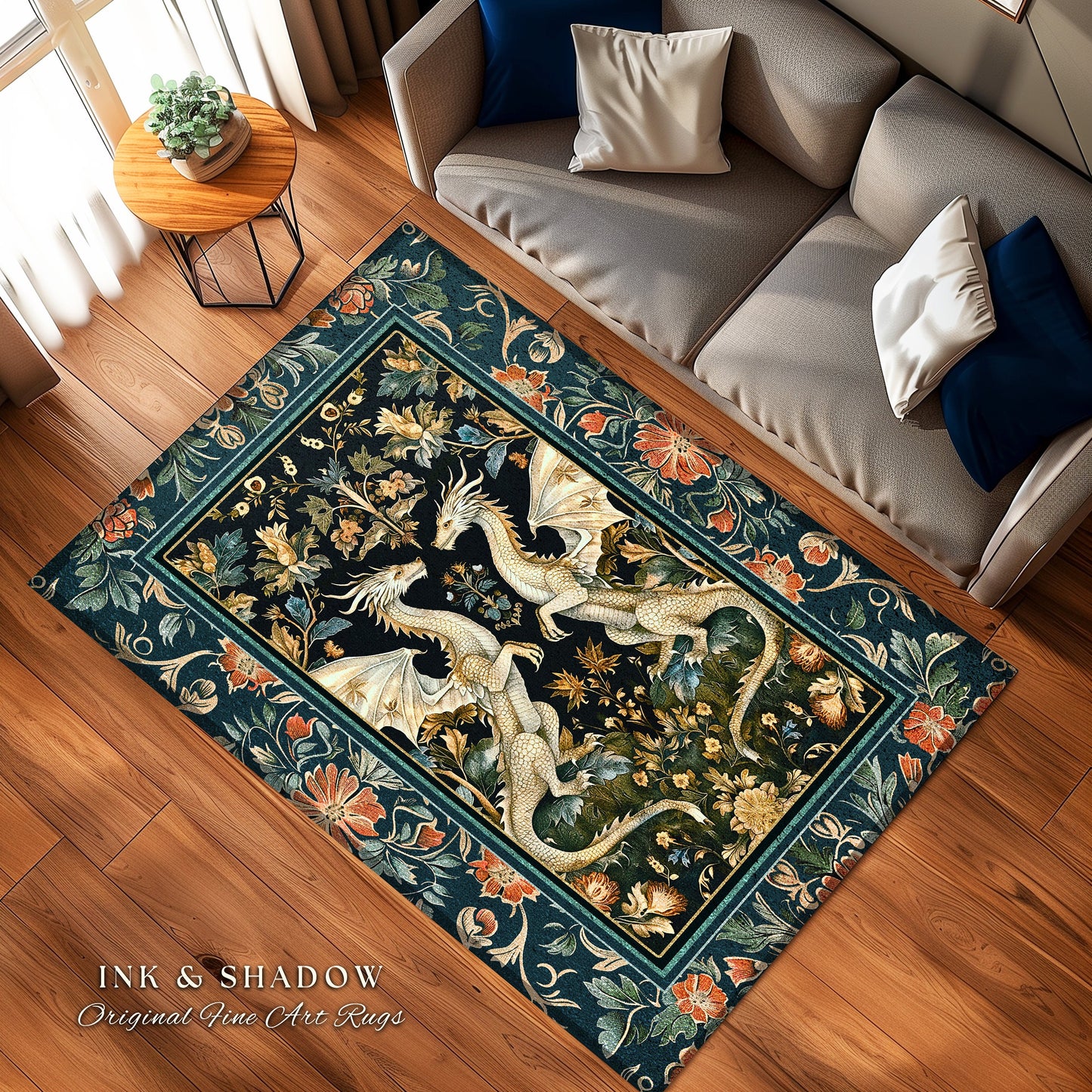 Antique Victorian Gothic Aesthetic Dragon Art Nouveau Rug | Whimsigoth Bedroom Fantasy Medieval Folklore Mythical Forestcore Enchanted Decor