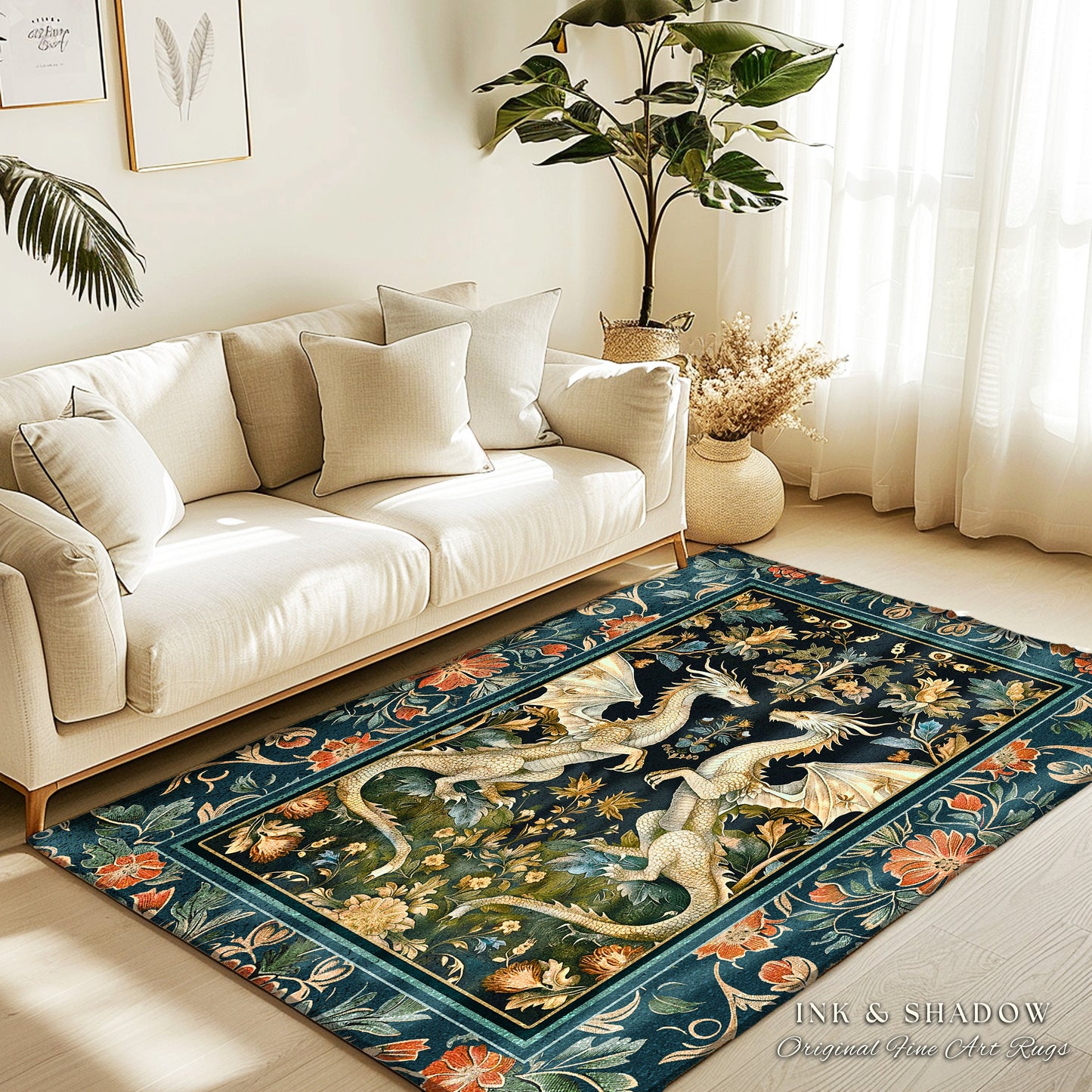 Antique Victorian Gothic Aesthetic Dragon Art Nouveau Rug | Whimsigoth Bedroom Fantasy Medieval Folklore Mythical Forestcore Enchanted Decor
