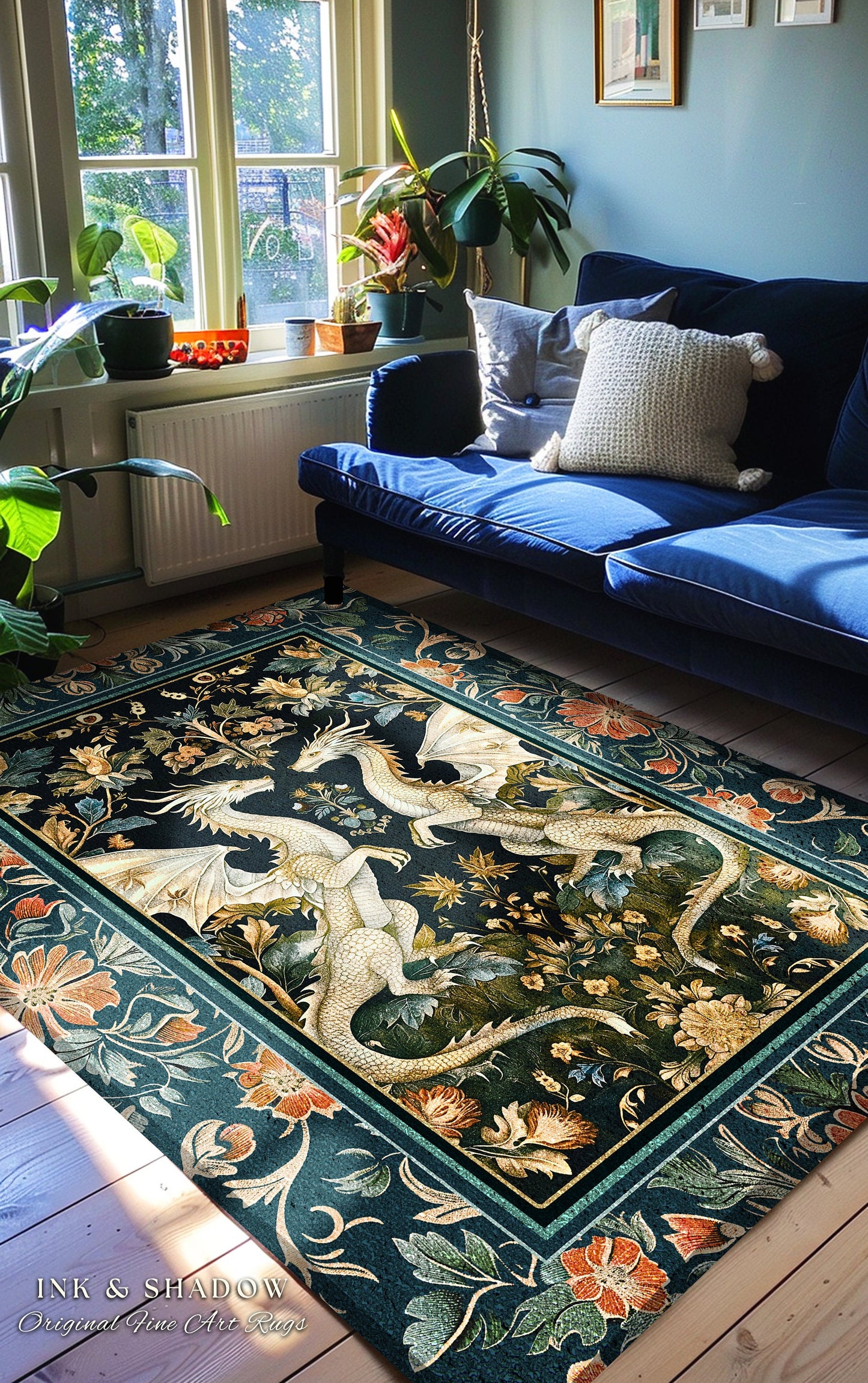 Antique Victorian Gothic Aesthetic Dragon Art Nouveau Rug | Whimsigoth Bedroom Fantasy Medieval Folklore Mythical Forestcore Enchanted Decor