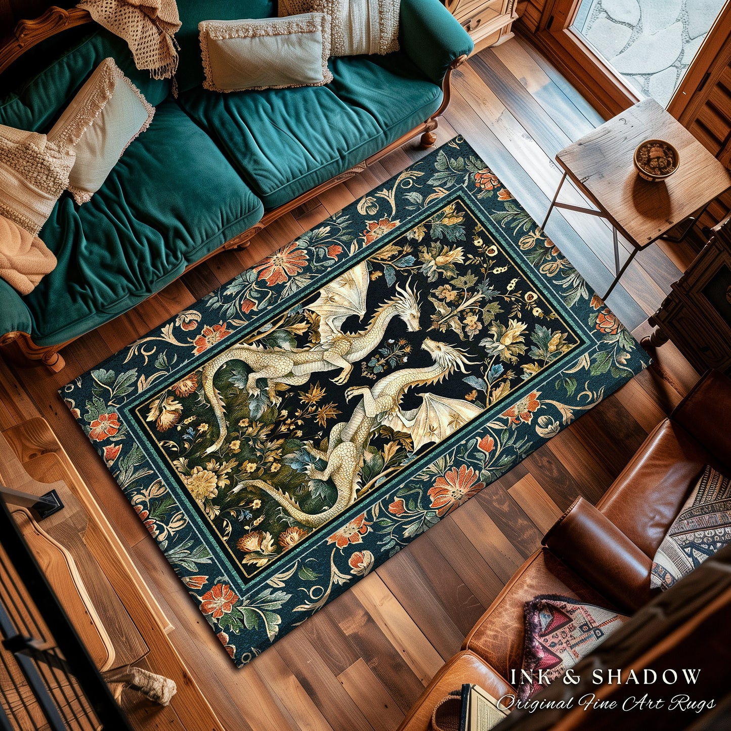 Antique Victorian Gothic Aesthetic Dragon Art Nouveau Rug | Whimsigoth Bedroom Fantasy Medieval Folklore Mythical Forestcore Enchanted Decor