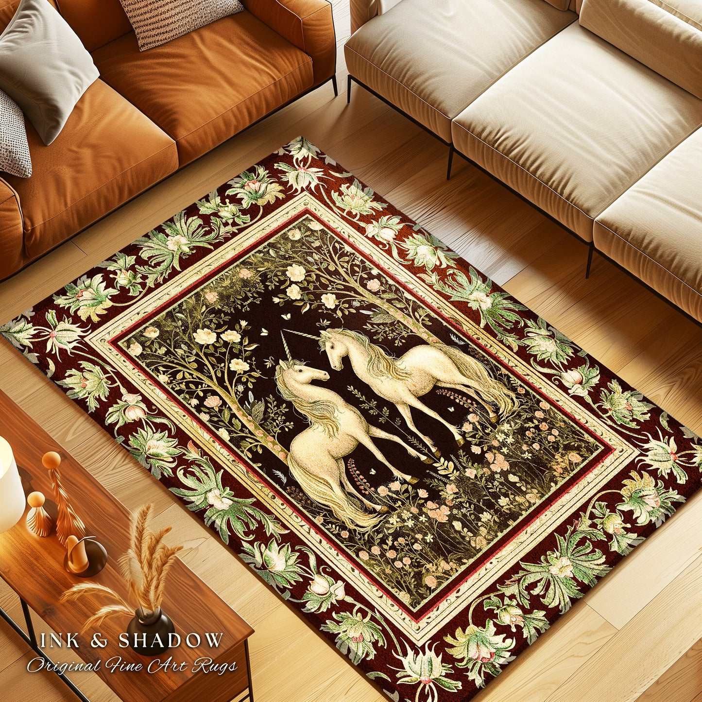 Mystic Storybook Aesthetic Unicorn Rug | Whimsical Sage Green Ornate Baroque Fantasy Area Rug Enchanted Nouveau Cottagecore Fairytale Accent