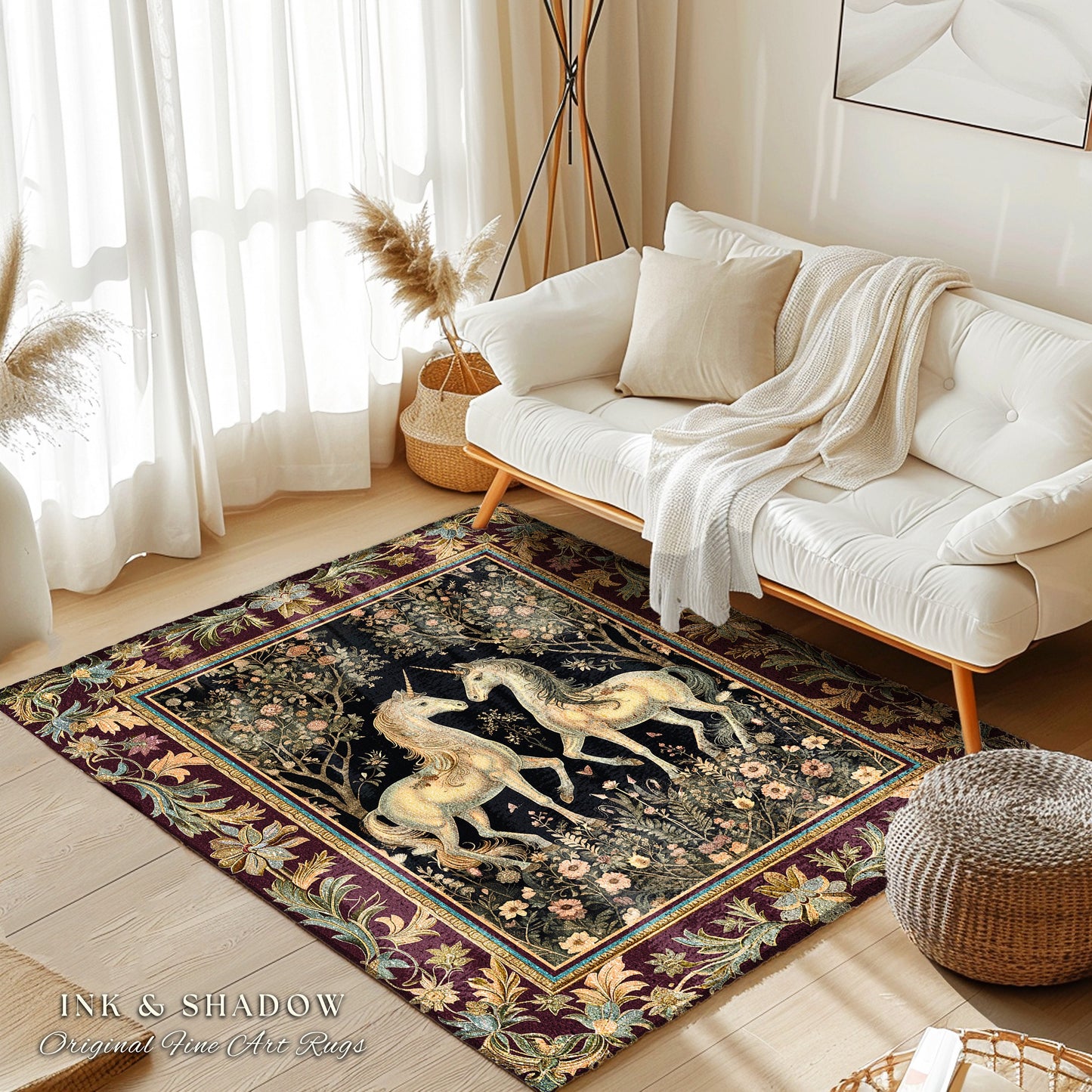 Enchanting Gothic Unicorn Lover Rug | Ethereal Woodland Whimsy Floral Fairytale Home Accent Rug Whimsical Decor Magical Fairycore Bedroom |