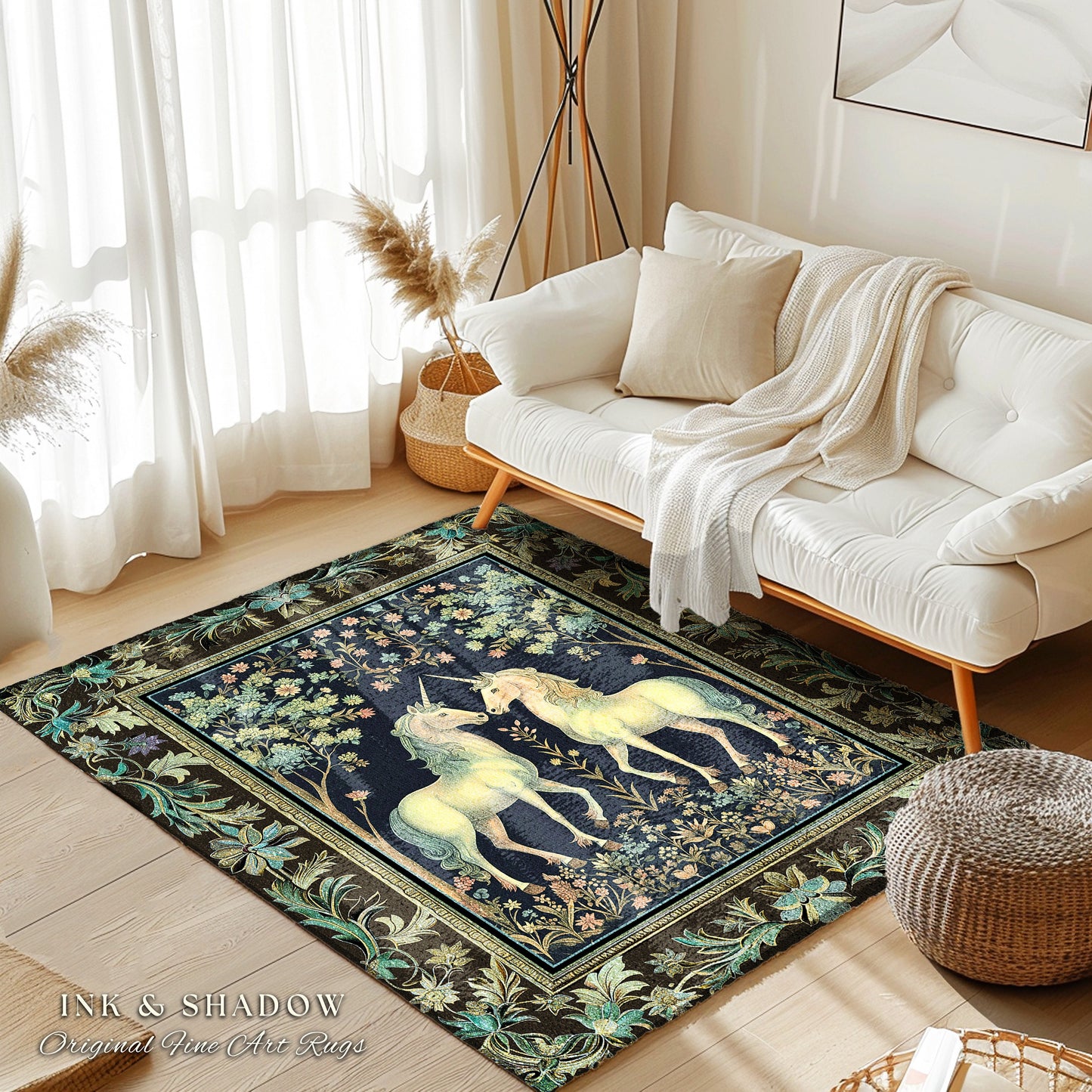 Woodland Floral Unicorn Area Rug | Fairycore Folklore Home Accent Rug Fantasy Storybook Bedroom Whimsical Sage Green Whimsical Cottagecore