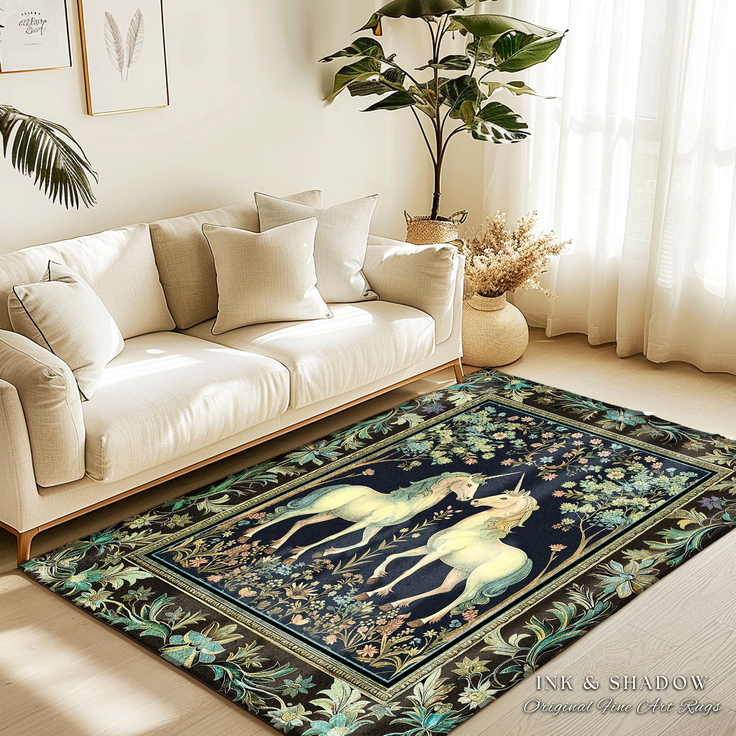 Woodland Floral Unicorn Area Rug | Fairycore Folklore Home Accent Rug Fantasy Storybook Bedroom Whimsical Sage Green Whimsical Cottagecore
