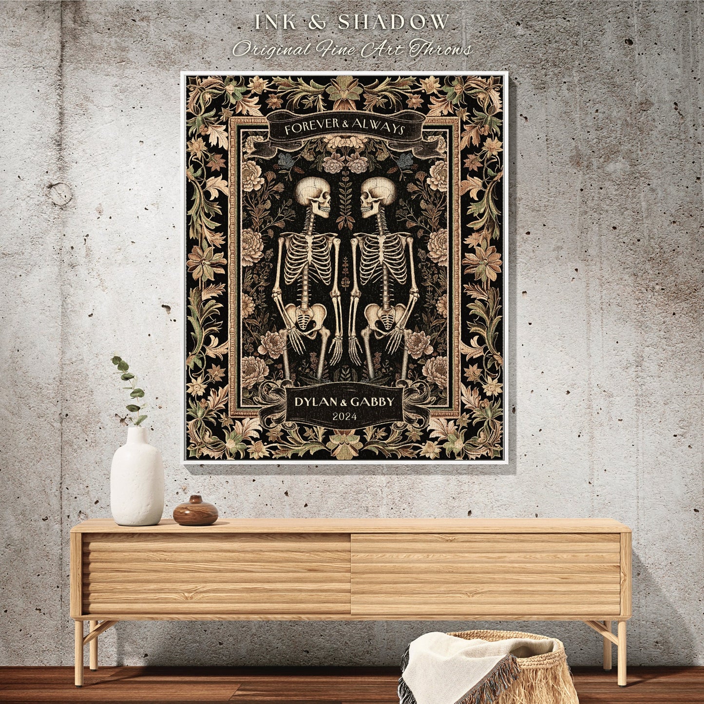 Forever & Always Skeleton Throw Blanket | Botanical Skeleton Couple Woven Tapestry Wedding Anniversary Gift Personalized Blanket Custom Name