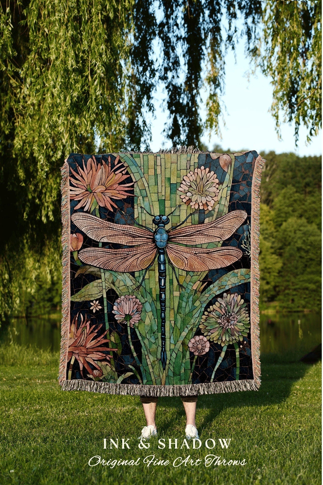 Dragonfly Blanket Whimsical Throw | Dragon Fly Woven Tapestry Fairycore Gift for Her Stained Glass Aesthetic Woodland Gothic Room Decor |