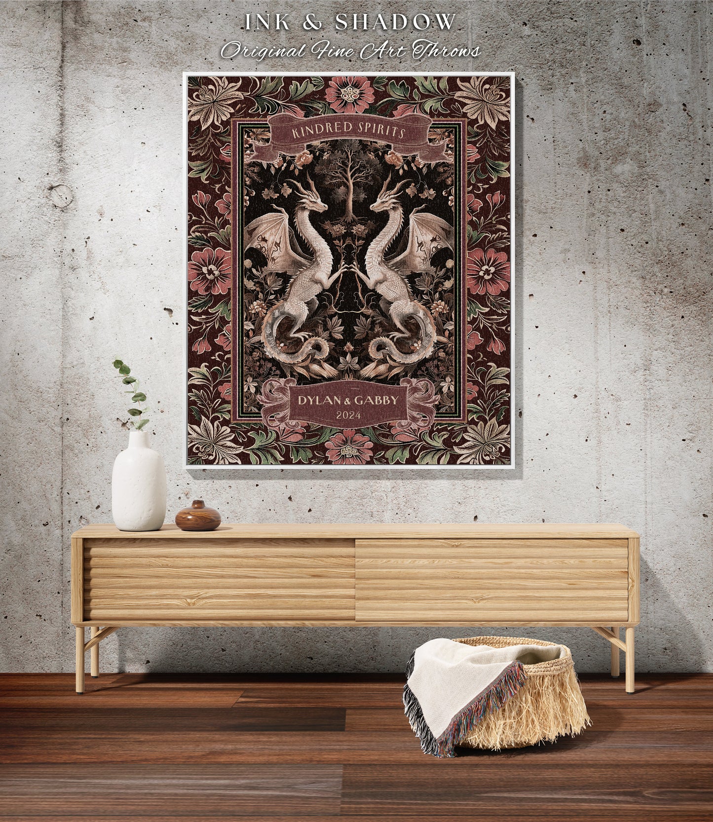 Gothic Dragon Couple Custom Tapestry Blanket | Personalized Names Dragon Lover Gift for Wedding Anniversary Gift for Husband Magical Decor |