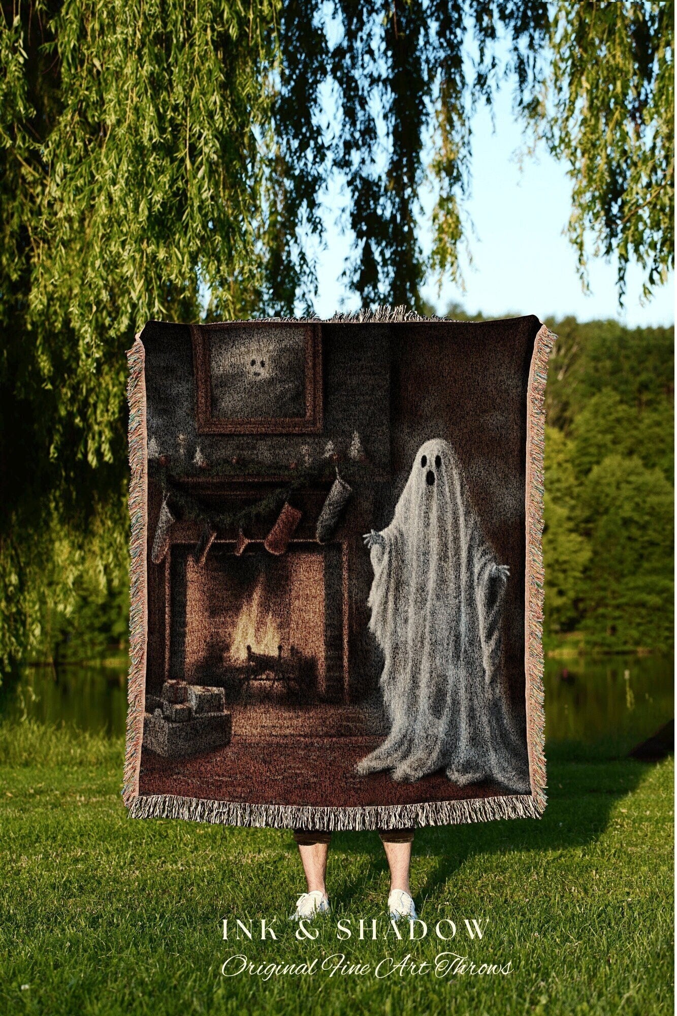 Gothic Christmas Ghost Art Whimsigoth Blanket Woven Tapestry | Woven Throw Blanket Winter Holiday Home Decor Christmas Art Spooky Cute Ghost