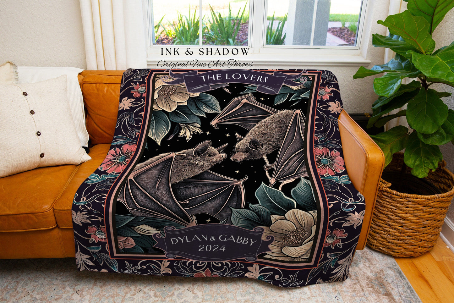 Mystic Bat Personalized Names Woven Throw Blanket Dark Cottagecore Gothic Couple Wedding Custom 'The Lovers' Blanket Gift for Anniversary