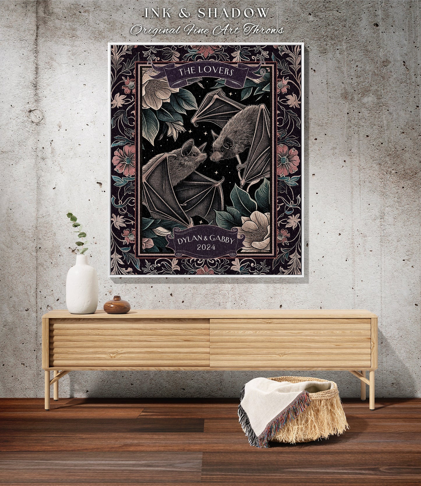 Mystic Bat Personalized Names Woven Throw Blanket Dark Cottagecore Gothic Couple Wedding Custom 'The Lovers' Blanket Gift for Anniversary
