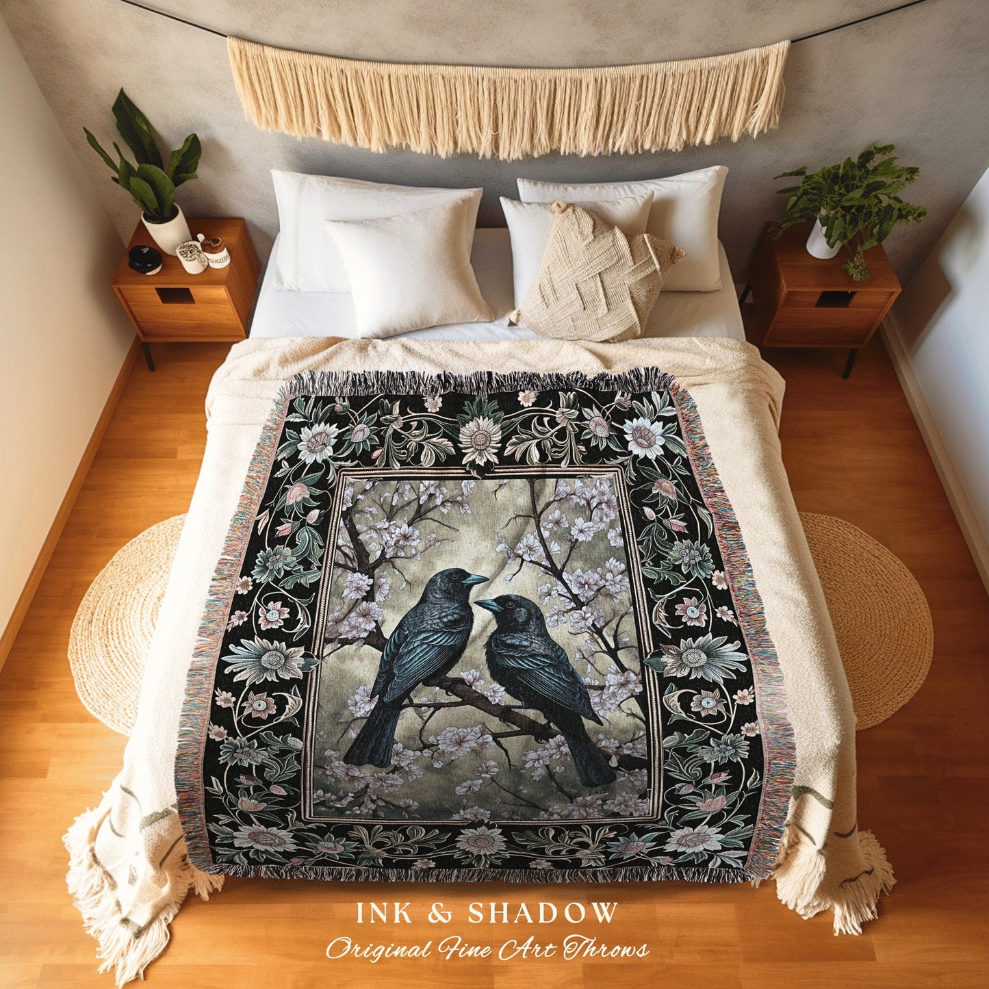 Whimsigoth Floral Raven Woven Throw Crowcore Whimsical Tapestry Fairycore Light Gothic Home Decor Vintage Aesthetic Cottagecore Gift