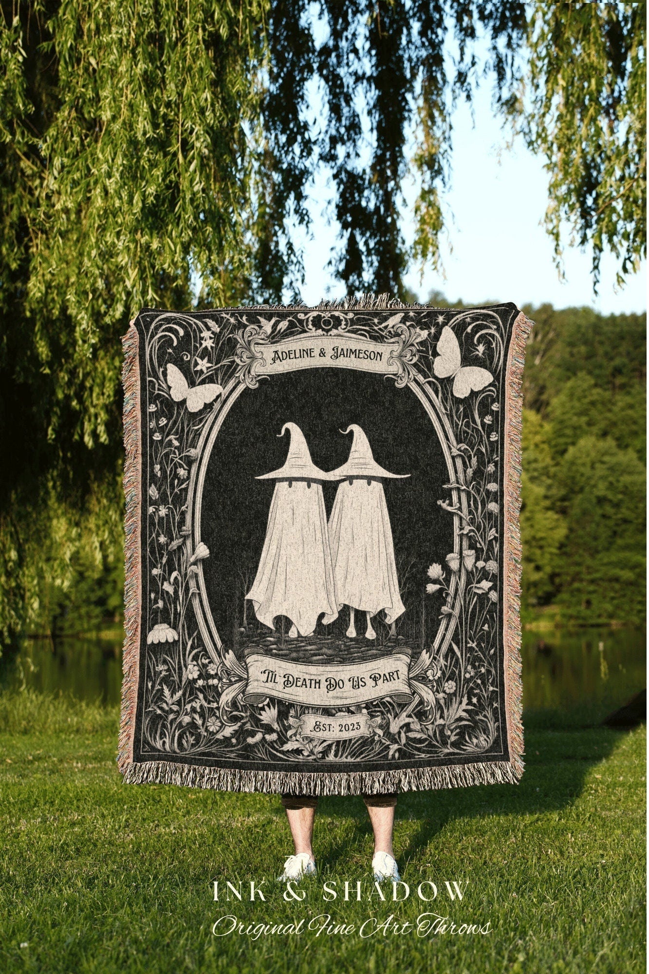 Goth Engagement Blanket 'Til Death' | Personalized Wedding Blanket Cottagecore Couples Tapestry Woven Ghost Gifts His and Hers Anniversary |