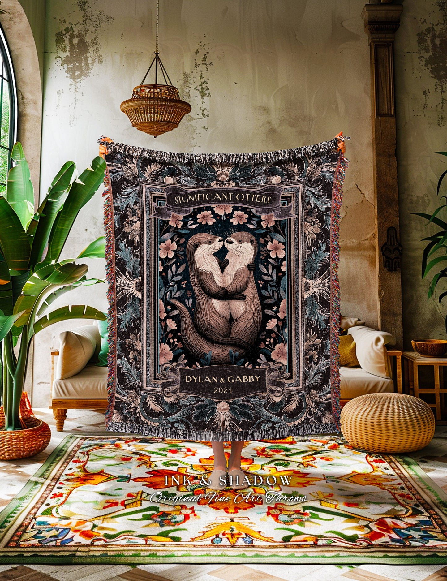 Significant Otters Blanket Personalized Names | Gift for Partner Custom Picnic Blanket Woven Tapestry Dating First Anniversary Cute Throw |