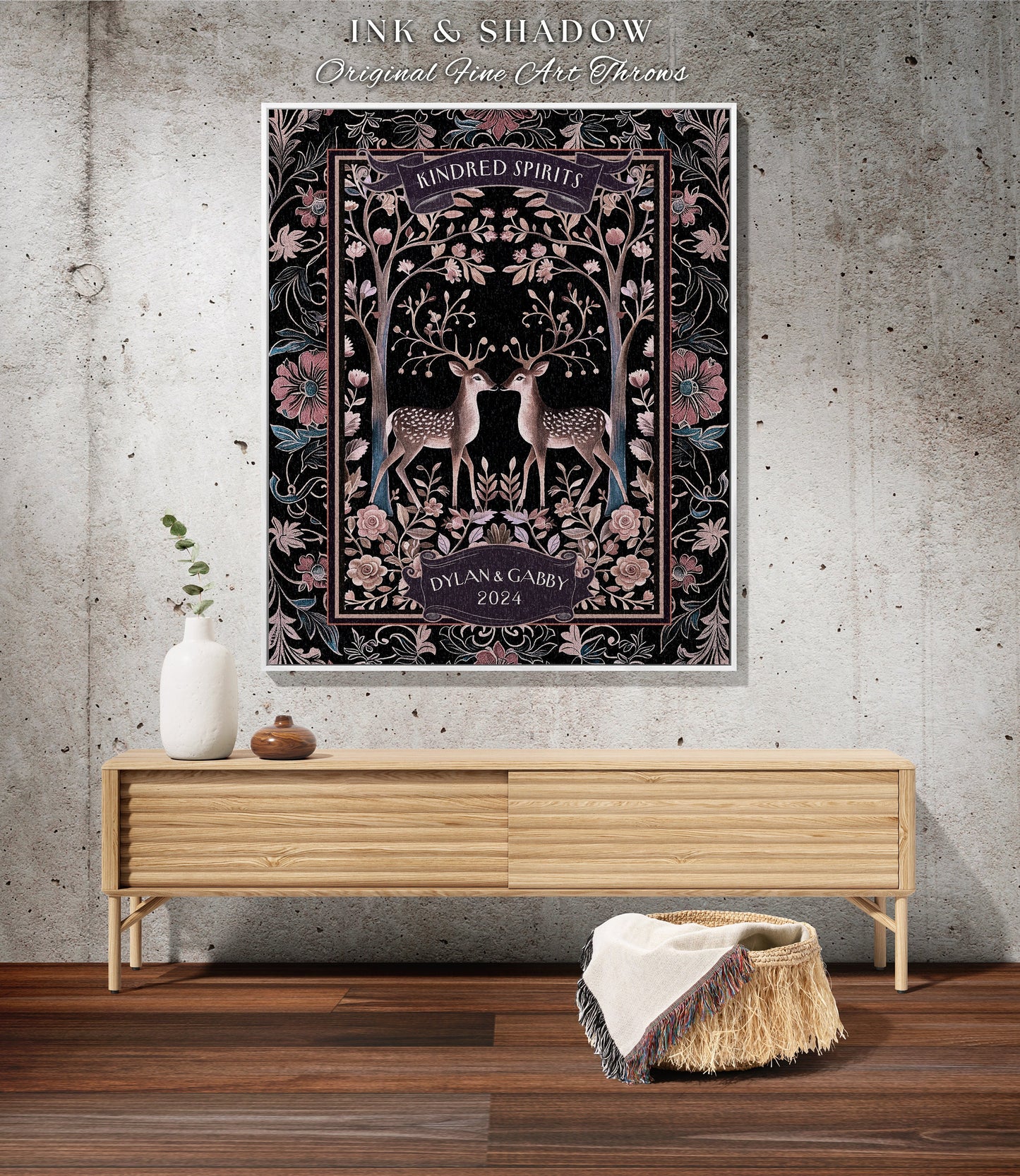 Moody Purple Whimsy Wedding Blanket | Personalized Woodland Deer Gift for Him & Her Anniversary Tapestry Woven Throw Whimsical Cozy Throw |