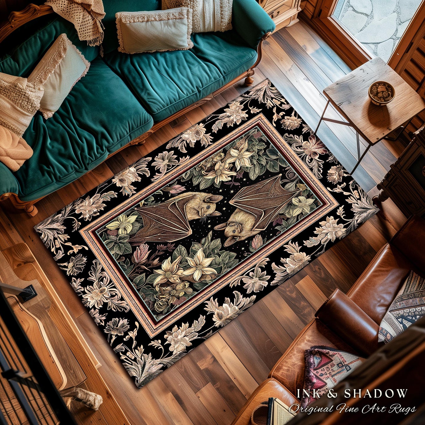 Dark Cottagecore Celestial Bat Lover Rug Boho Floral Victorian Gothic Decor | Whimsical Woodland Dark Bat Forestcore Ethereal Botanical Rug