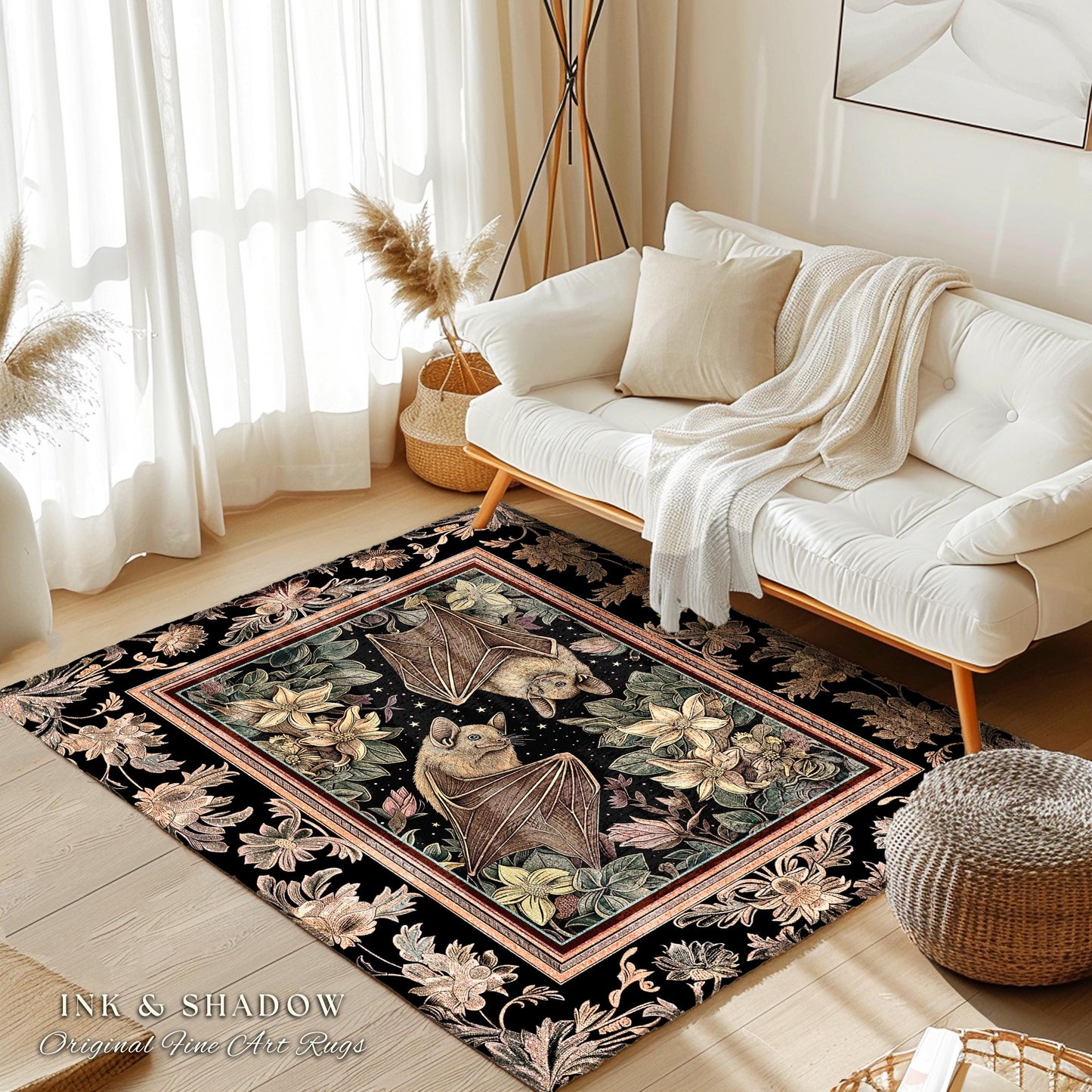 Dark Cottagecore Celestial Bat Lover Rug Boho Floral Victorian Gothic Decor | Whimsical Woodland Dark Bat Forestcore Ethereal Botanical Rug