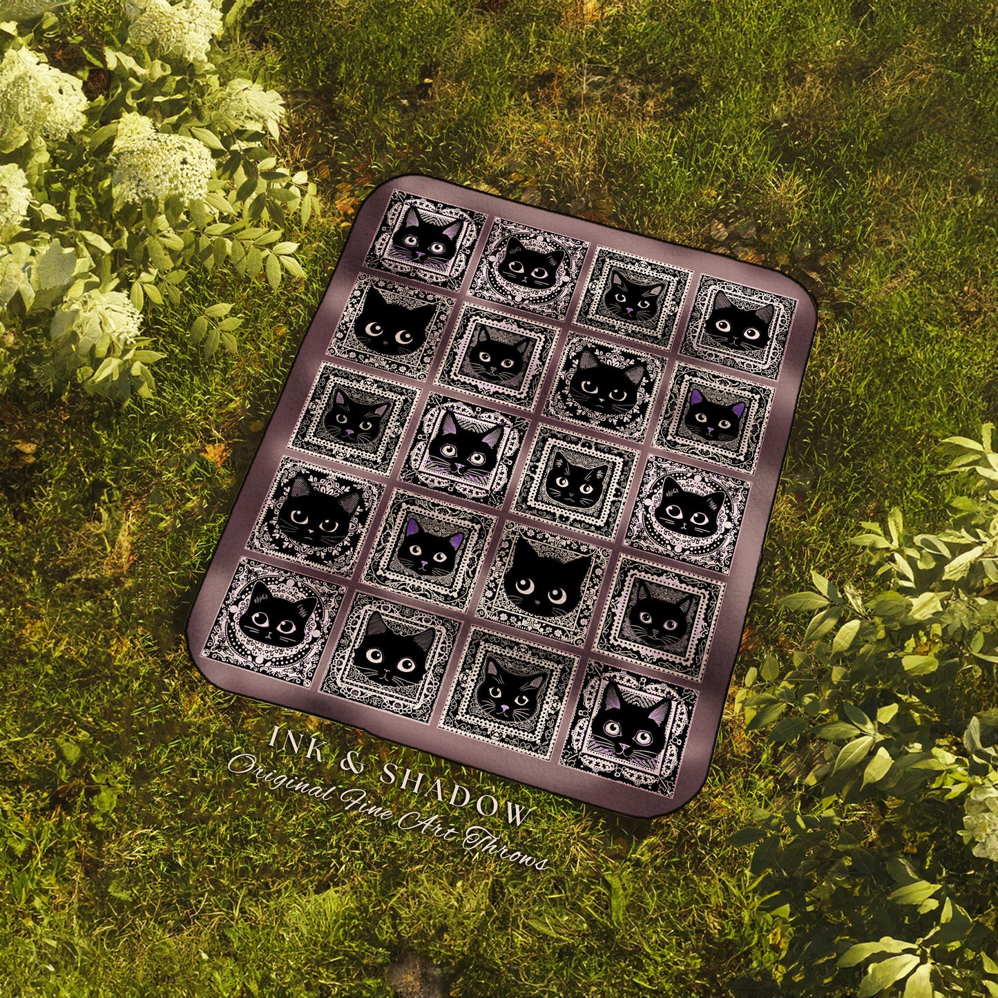 Gothic Black Cat Woven Tapestry Blanket | Rustic Purple Halloween Book Nook Decor Cozy Home Accent Dark Academia Aesthetic Cat Lover Gift |