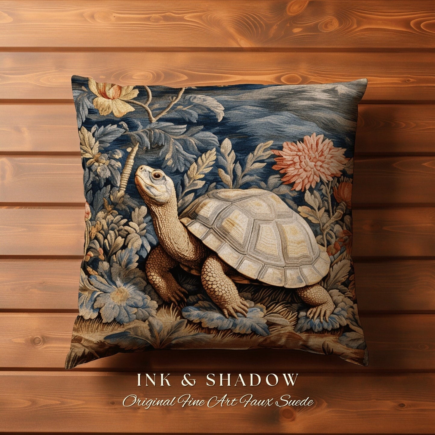 Moody Tortoise Pillow Fairycore Decor | Dark Botanical Pillow William Morris Inspired Boho Cottagecore Turtle Decor Vintage Aesthetic Pillow