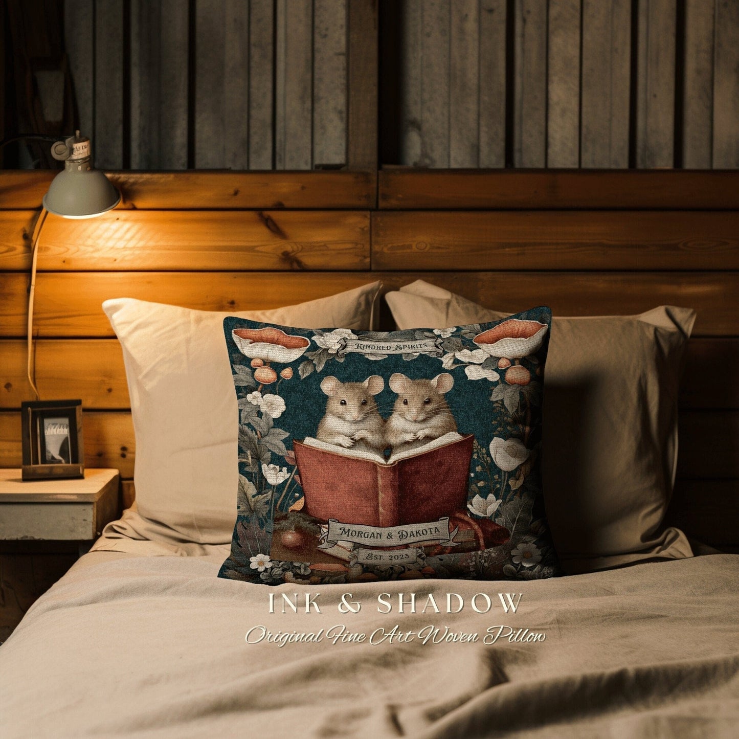 Kindred Spirits Mouse Pillow Woven | Woodland Decor Custom Dating Anniversary Meaningful Gift for Couple Housewarming Gift Book Lover Custom
