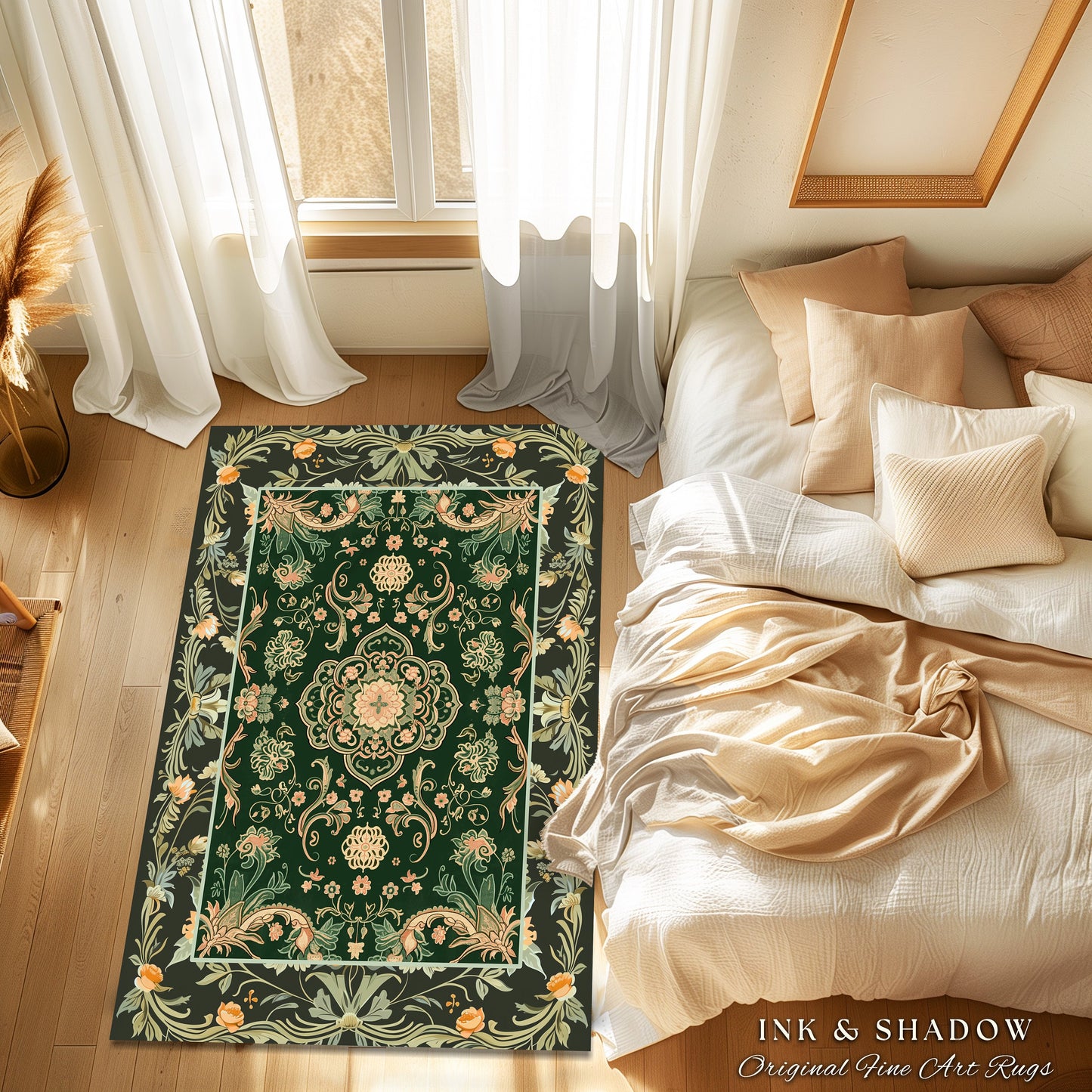 Emerald Round Accent Rug for Living Room | Classic Ornate Statement Rug with Green Detail Peachy Accent Bohemian Aesthetic Cozy Reading Nook