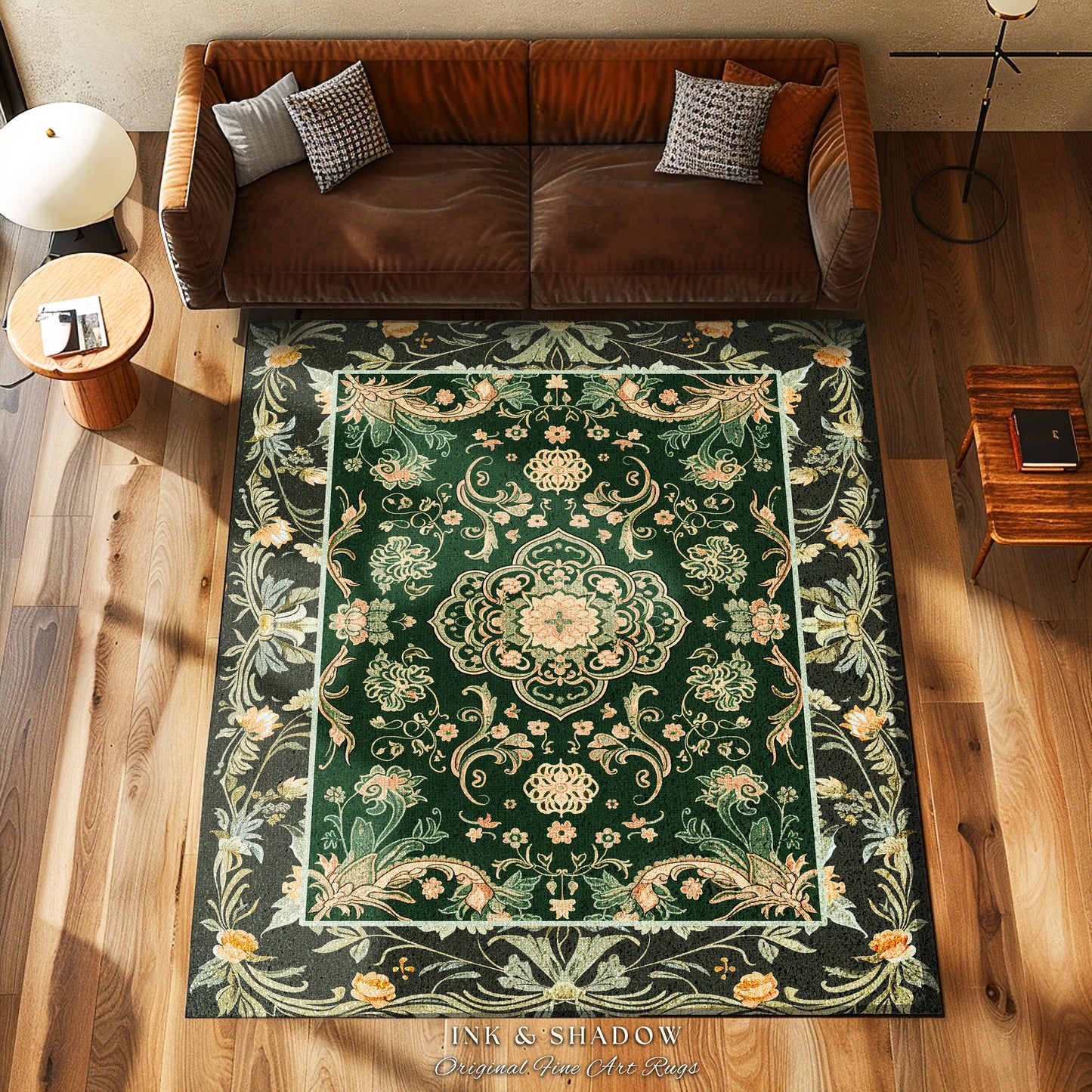Emerald Round Accent Rug for Living Room | Classic Ornate Statement Rug with Green Detail Peachy Accent Bohemian Aesthetic Cozy Reading Nook