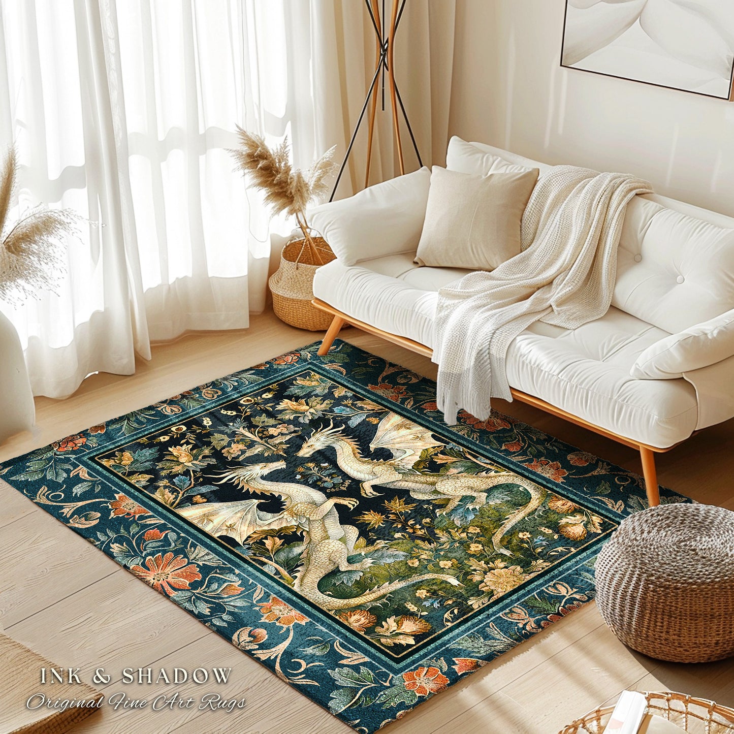 Antique Victorian Gothic Aesthetic Dragon Art Nouveau Rug | Whimsigoth Bedroom Fantasy Medieval Folklore Mythical Forestcore Enchanted Decor